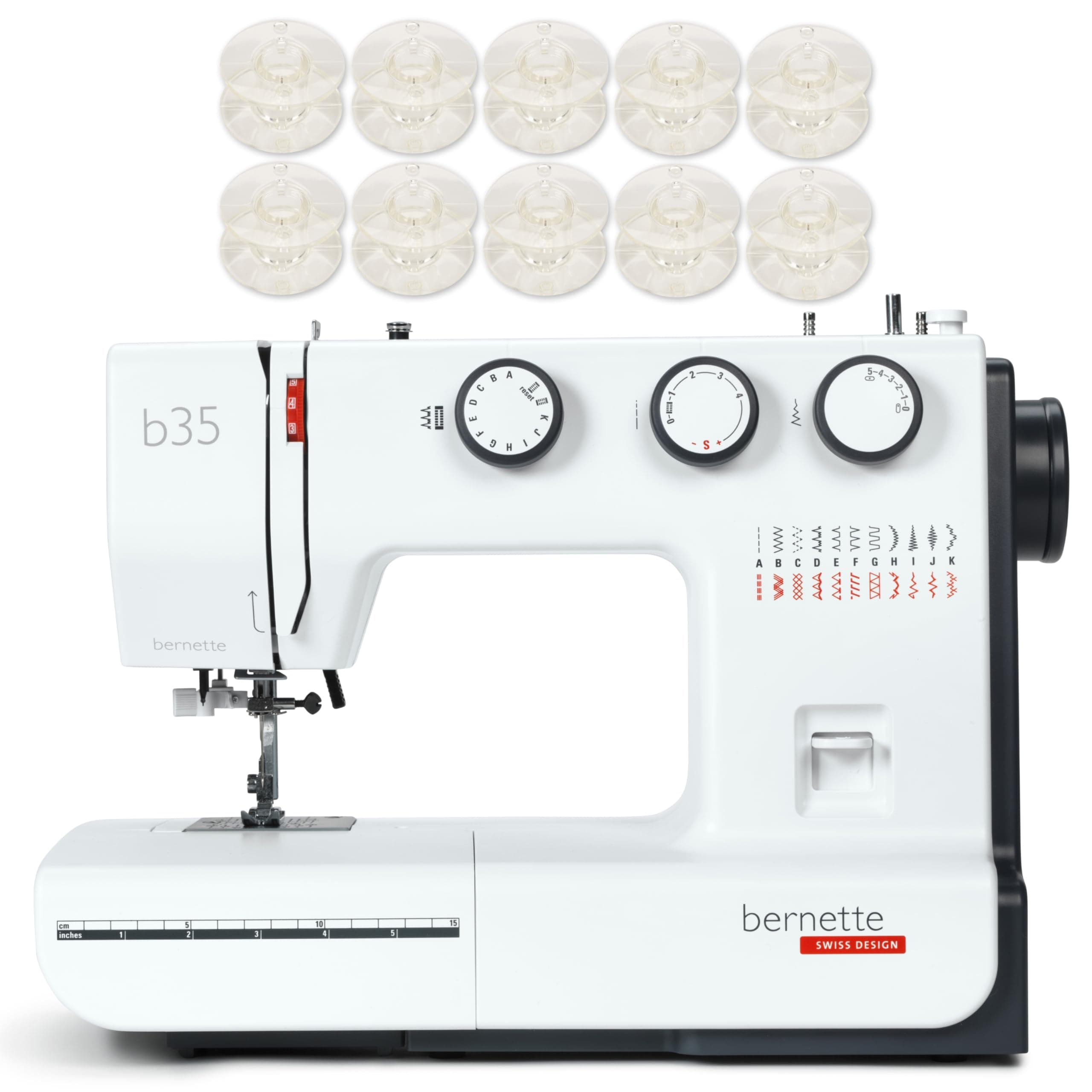 Bernette B35 Sewing Machine with 23 Built-In Stitches, 5mm Stitch Width, Front-Loading Hook, 1-Step Buttonhole, 10 Free Bobbins – Heavy Duty Quilting Kit with Needles, Threader, Light & Accessories