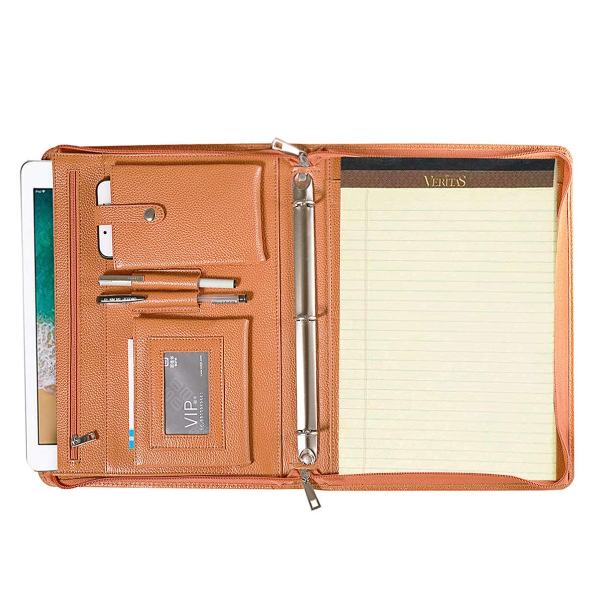 Professional Leather Business Padfolio Portfolio Case, 3 Ring Binder,Zippered Business Document Organizer Tablet Holder Folder Case,with Letter Size Notepad (Brown)