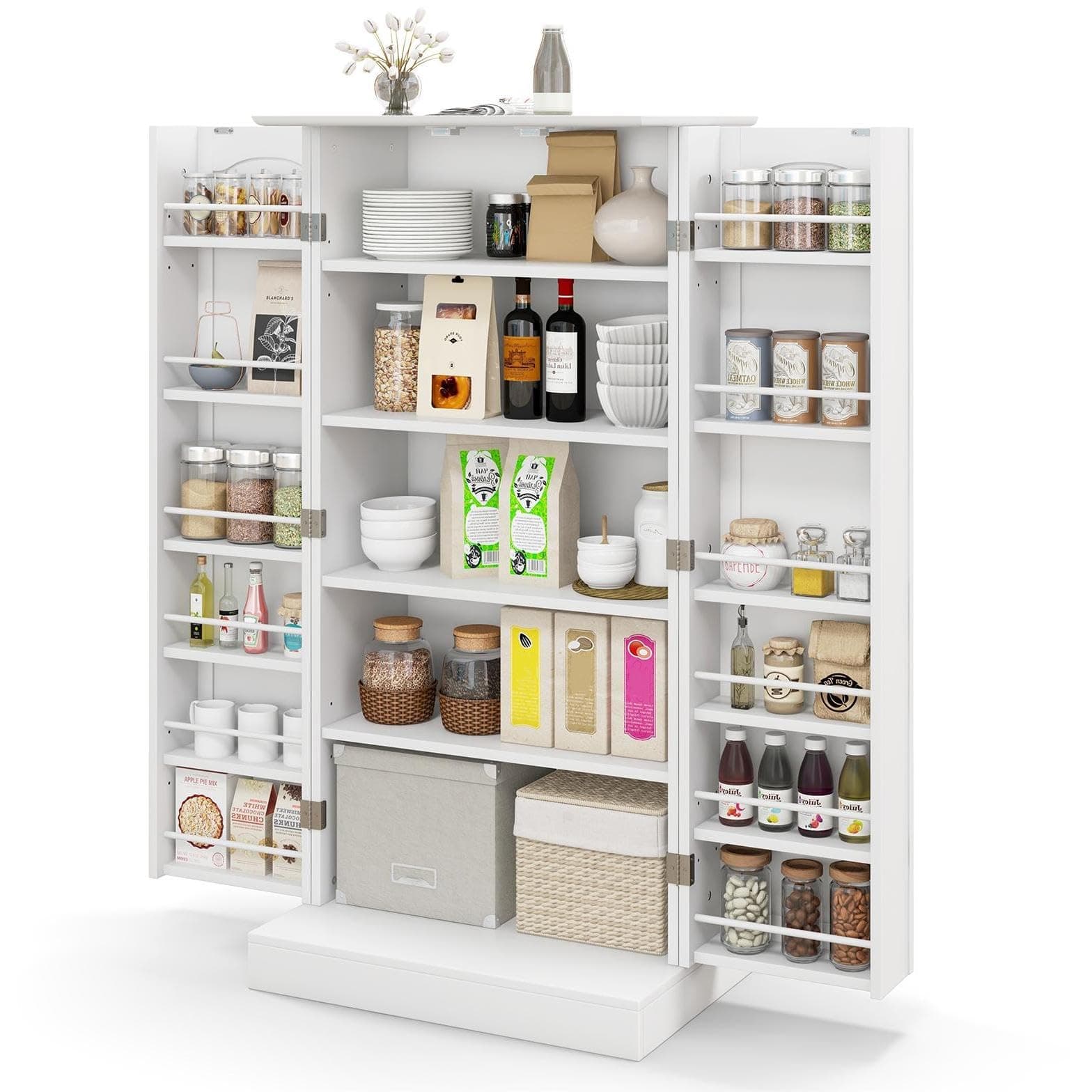 TANGZON Kitchen Cupboard, Kitchen Pantry Cabinet with Doors & Adjustable Shelves, Space Saving Larder Storage Cupboard Organiser for Dining Room Living Room Entryway (White, 60 x 40 x 120cm)