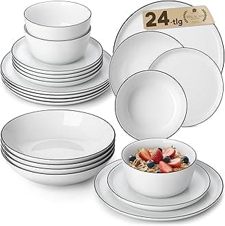 – 24 Piece Dinner Sets for 6 People, White and Black Rim Porcelain Crockery Set with Plates and Bowls, Premium Ceramic Dinnerware Sets, Microwave and Dishwasher Safe, Lexi Series