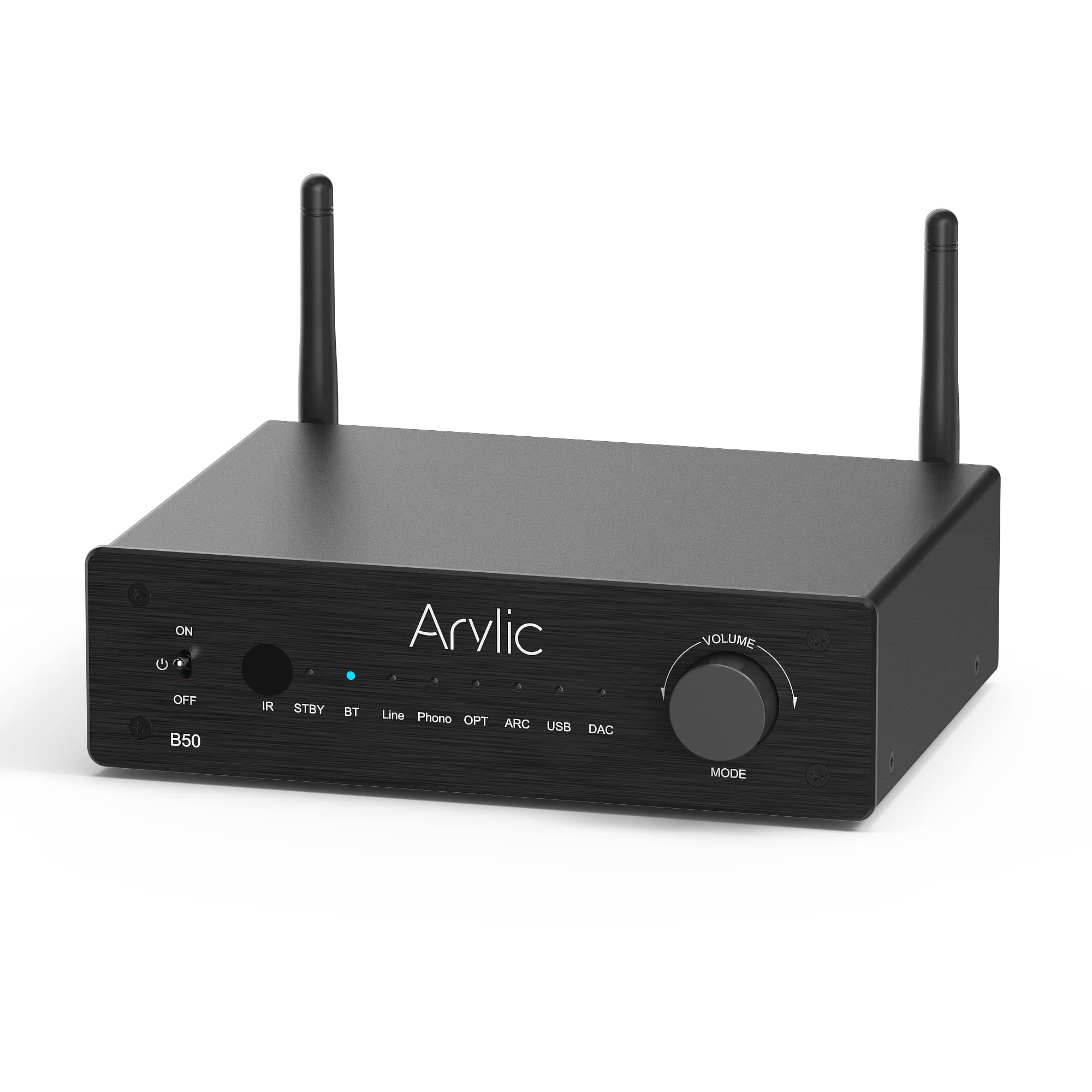 Arylic B50 Bluetooth Stereo Amplifier with Audio Transmitter, 2 Channel 50W*2 Amplifier with HDMI ARC, Phono in, OPT in, Free APP Bluetooth Receiver, Support aptX HD Music.