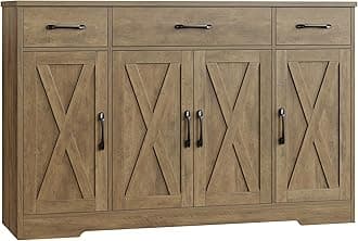HOSTACK Buffet Sideboard Cabinet with Drawers, 55" Large Buffet Storage Cabinet with Shelves and Doors, Modern Farmhouse Coffee Bar Station Wood Kitchen Table for Kitchen, Dining Room, Rustic Brown