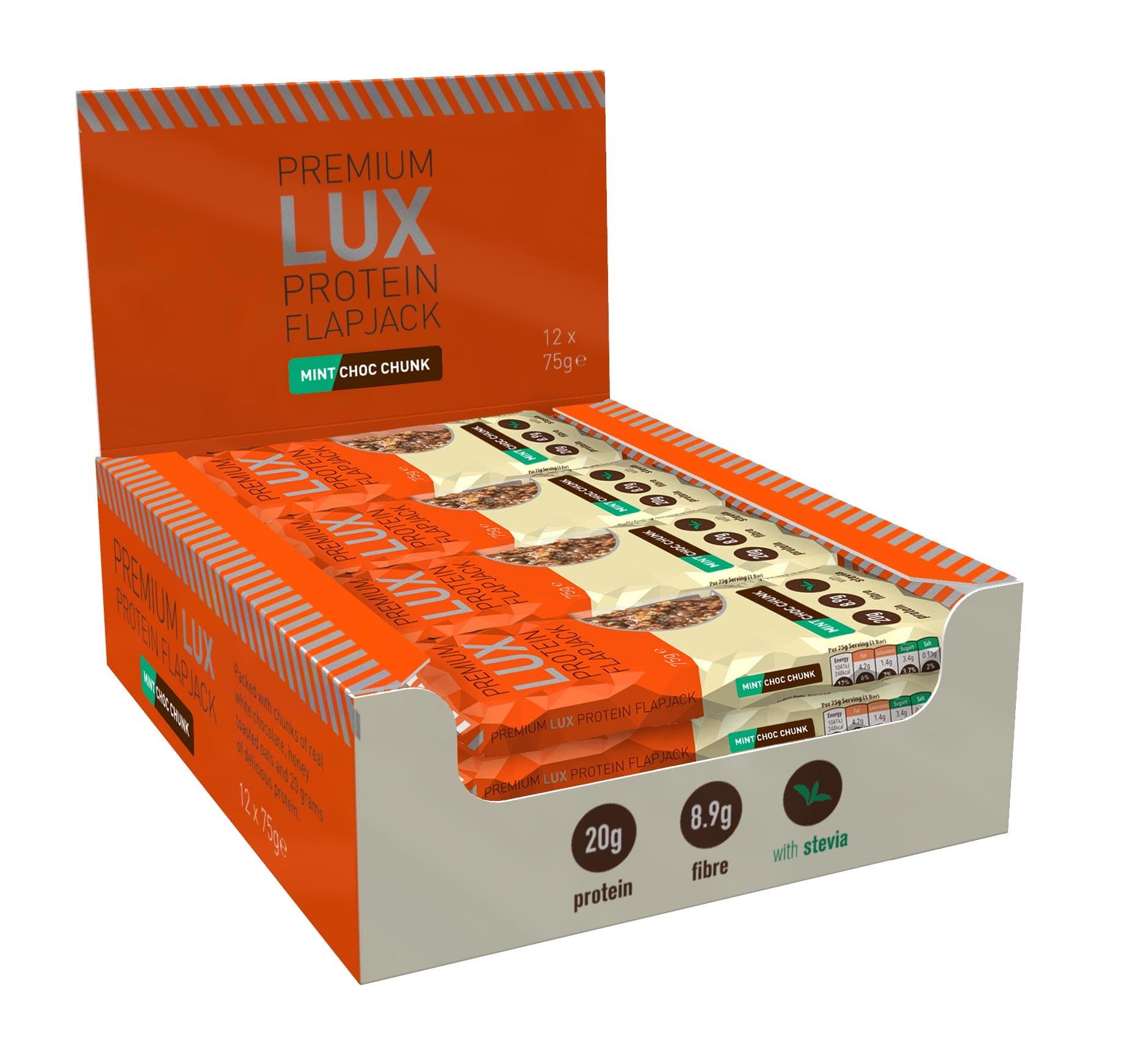Lux Protein Flapjack Bars - Mint Chocolate Chunk (12x75g) - High Protein, High Fibre, Low Sugar Snack for Muscle Building & Repair.