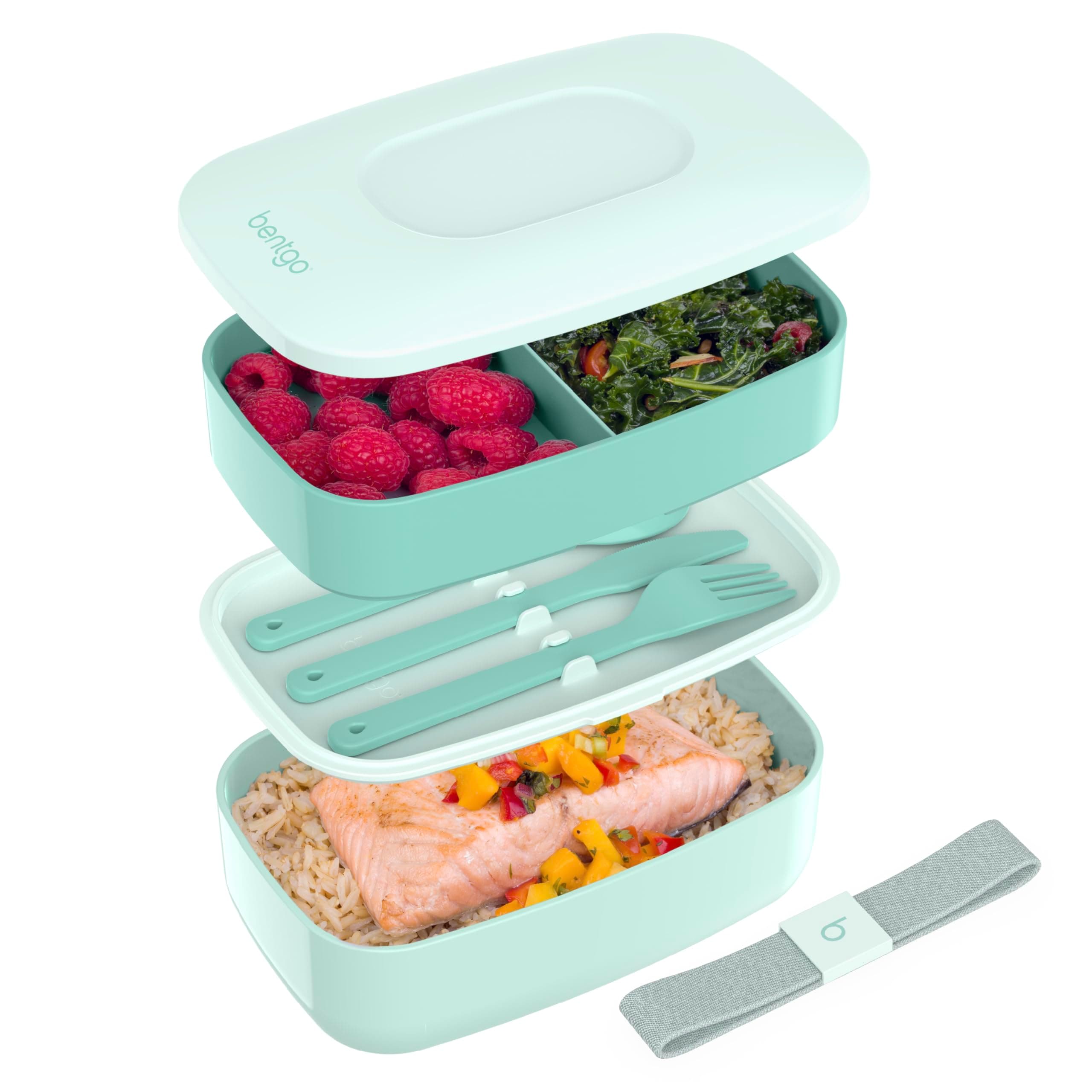 Classic - All-in-One Stackable Bento Lunch Box Container - Modern Bento-Style Design Includes 2 Stackable Containers, Built-in Plastic Utensil Set, and Nylon Sealing Strap (Coastal Aqua)