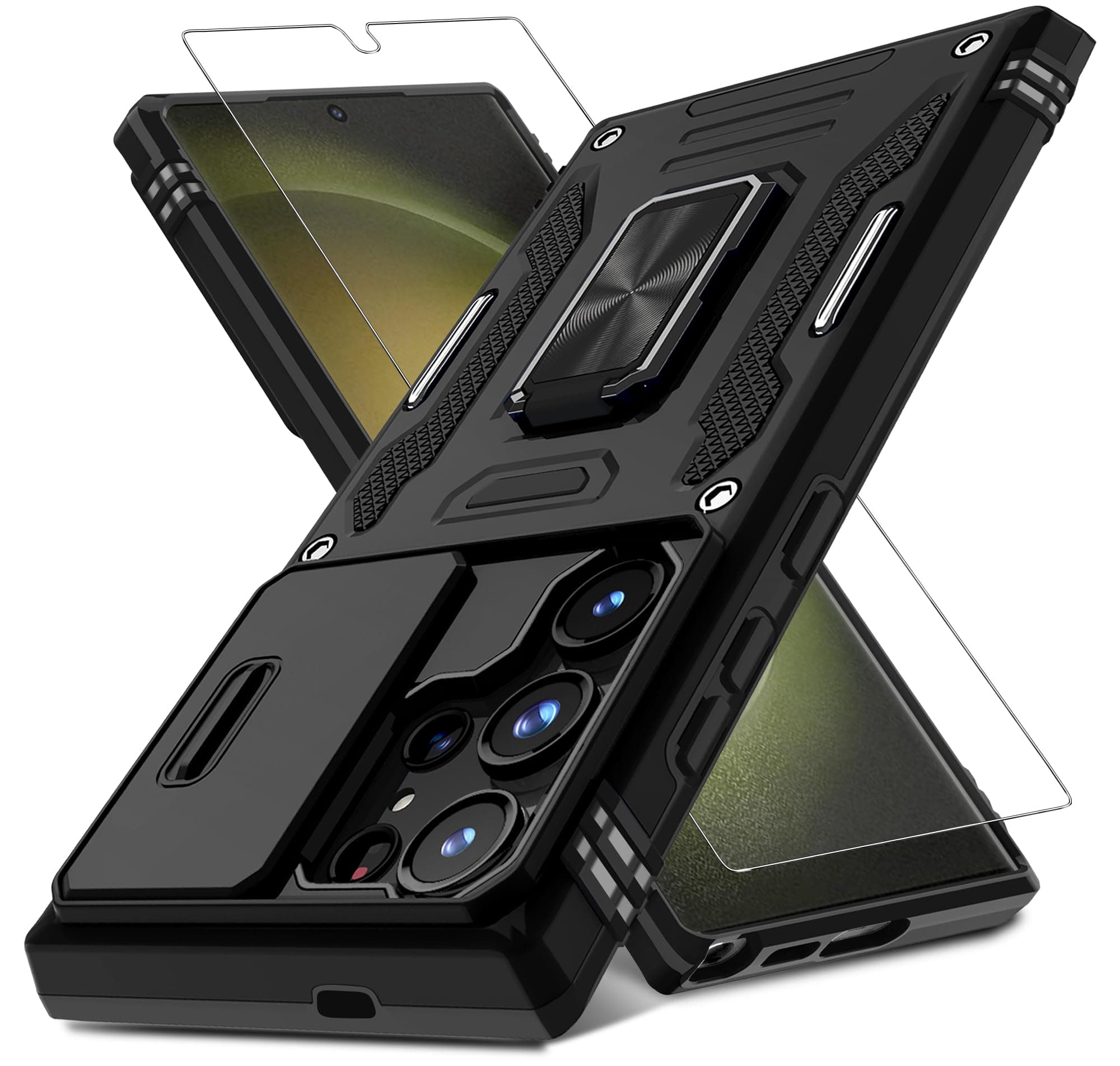 DEERLAMN Case for Samsung Galaxy S24 Ultra with Slide Camera Cover+Screen Protector (1 Pack), Rotated Ring Kickstand Military Grade Shockproof Protective Cover-Black