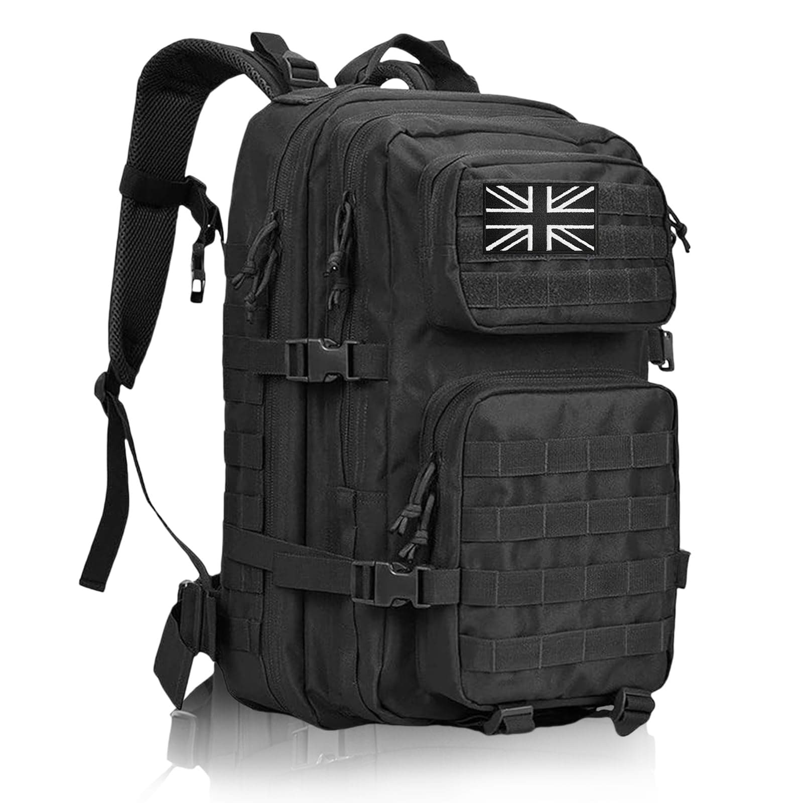 45L Military Tactical Backpacks Large Molle Army Assault Pack 3 Day Bug Out Bag Laptop Bag for Hiking Treeking Black Hunting Rucksack with 4 Flag Patches (Black)