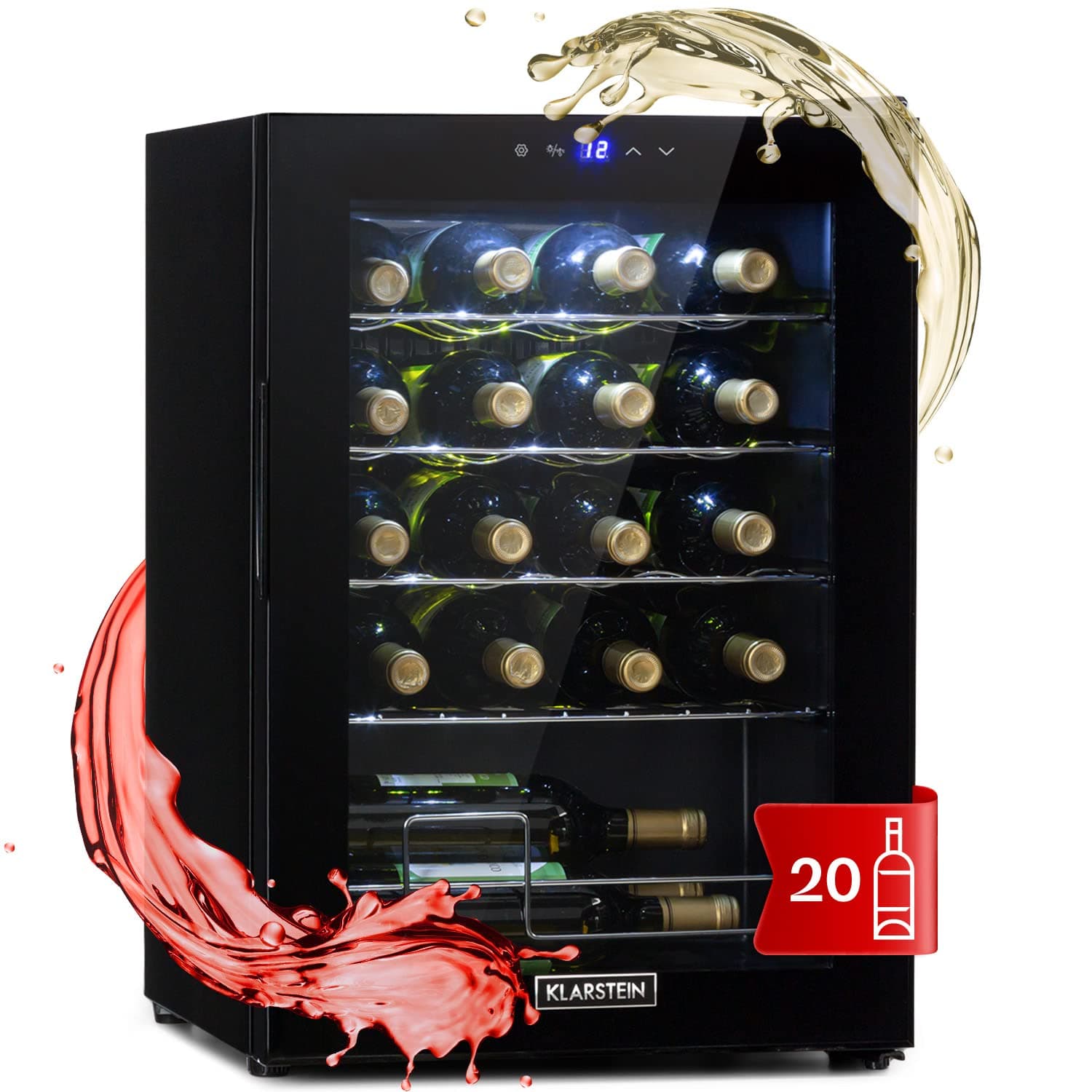 Klarstein Free-standing Wine Cooler Fridge, Single Zone Wine Fridge with Glass Door, 53L Slimline Drinks Fridge, Beer & Wine Chiller Bottle Fridge for Home Pub, Indoor/Outdoor Bar Fridge, 20 Bottles
