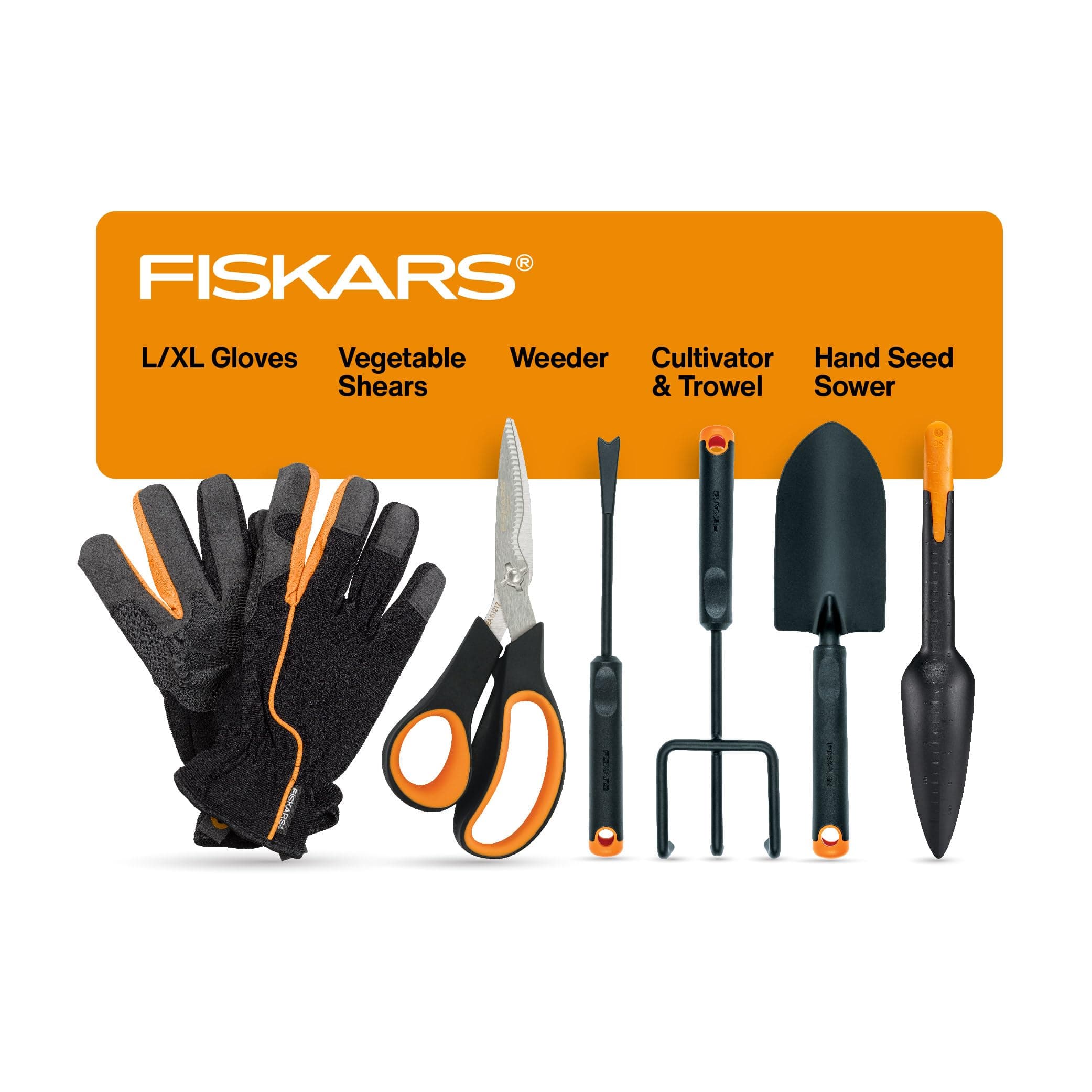 Fiskars Vegetable Garden Tool Set with Vegetable Shears, Seed Sower, Trowel, Cultivator, Weeder, and L/XL Garden Gloves for Indoor or Outdoor Gardening (6 Piece Kit)
