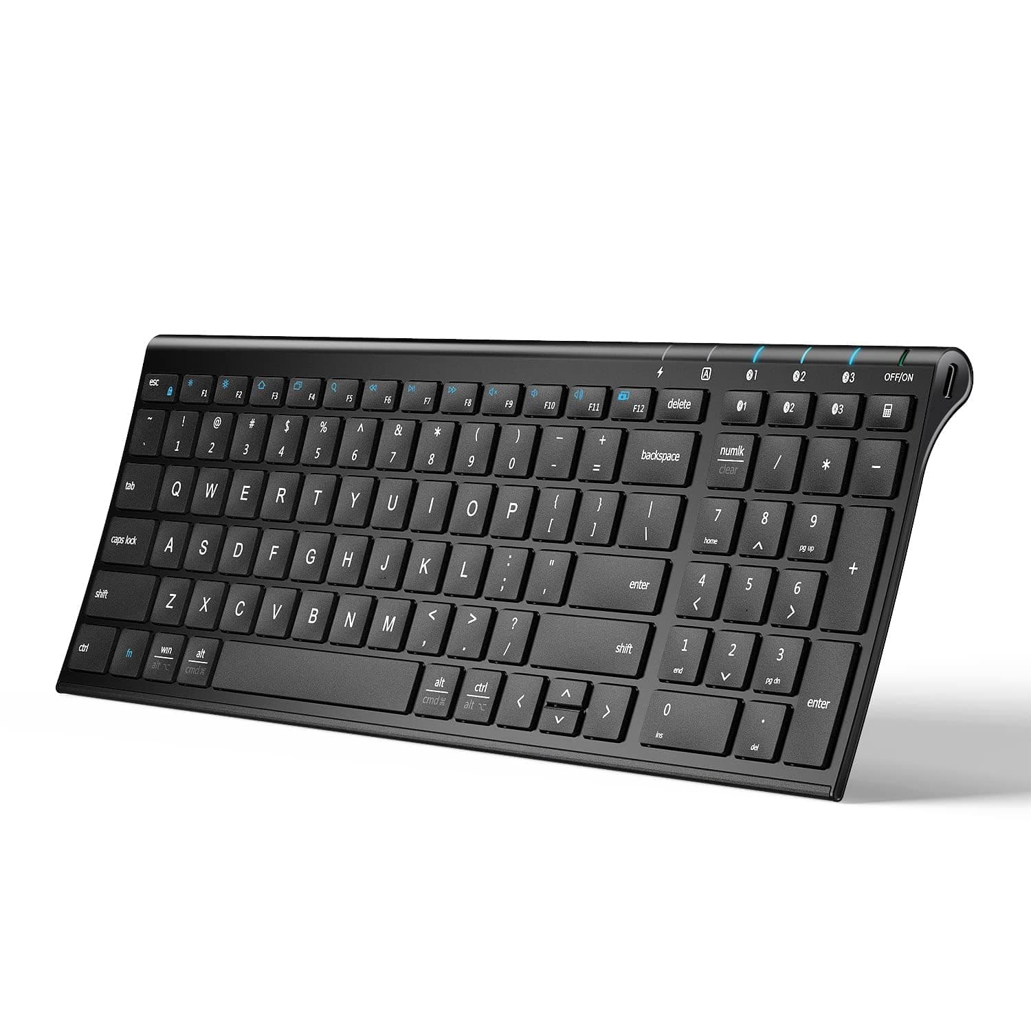 iClever BK10 Bluetooth Keyboard- Universal Wireless & Rechargeable Ultra-Slim with Number Pad, Ergonomic Design, Compact Size, Stable Connection for Windows, iOS, Android - Black