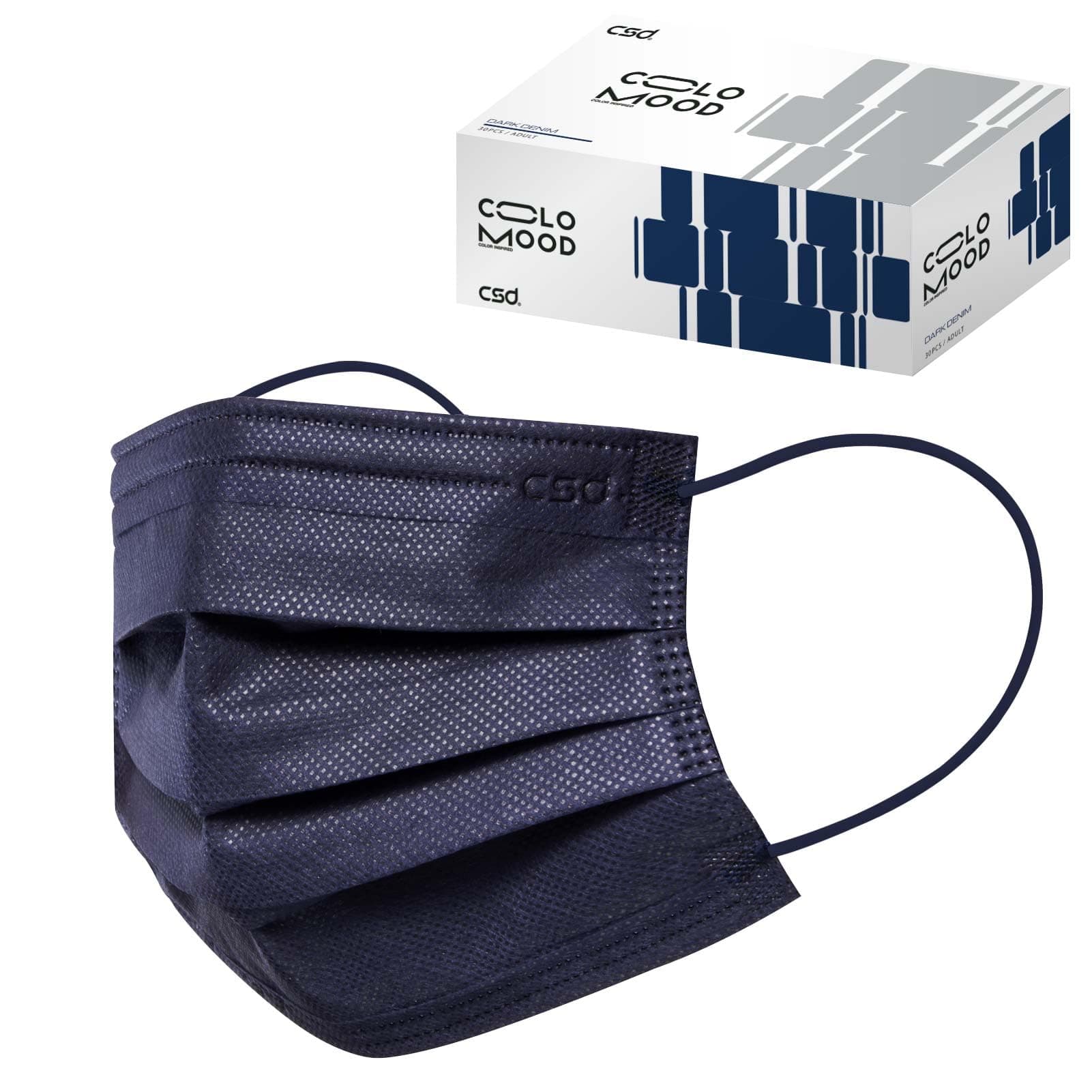 CSD Colo 30 Pcs Navy Blue Disposable Face Masks, 3 Ply Adult Mask with Elastic Ear Loop, Nose Bridge Clip, Breathable Comfortable Mask Great for Indoor, Outdoors Use (Dark Denim)