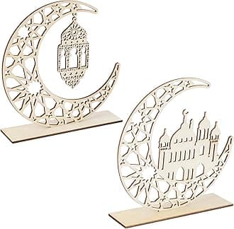 2 Pieces Wood Ramadan Decorations Islamic Eid Mubarak Kareem Table Sign Moon Hollow Star Ornament for Muslim Party Tabletop Decor Home Art Craft Decoration