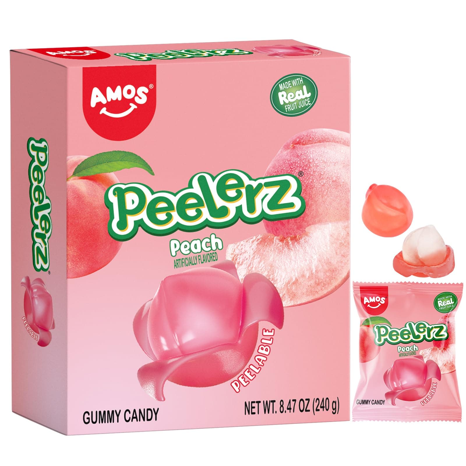Peelerz Gummy Peach Candy, Peelable Fruit-Shaped Candy, 8.47oz Box with 10 Individual Packs, Fun Peeling Gummy Snack Made with Real Juice, Perfect for Easter Baskets & Festive Treats