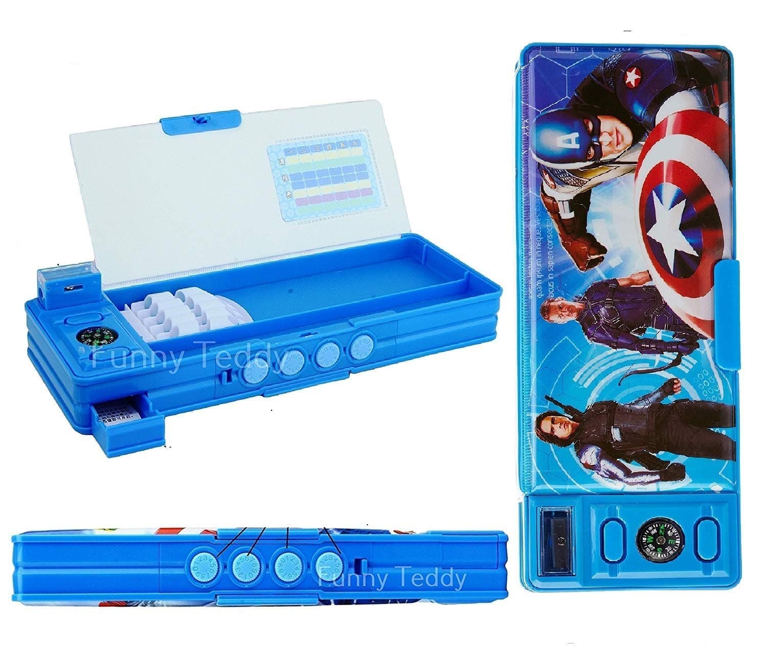 Funny Teddy Password Protect Pencil Box & Sharpener - Dual Side - Multi Purpose - (Super Heroes)