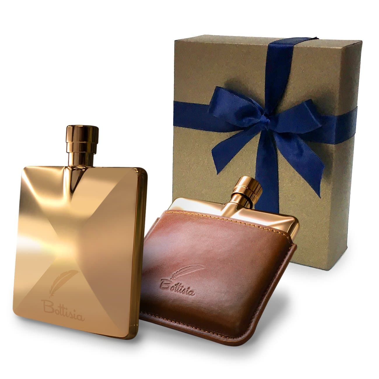Hip Flasks for Liquor for Men by Bottisia 3Oz 18K Rose Gold Pocket Flask with Whisky Flask Funnel & Genuine Leather Pouch, a Luxury Hip Flask Gifts Set for Men/Boyfriend/Father/Grandfather/Groomsmen