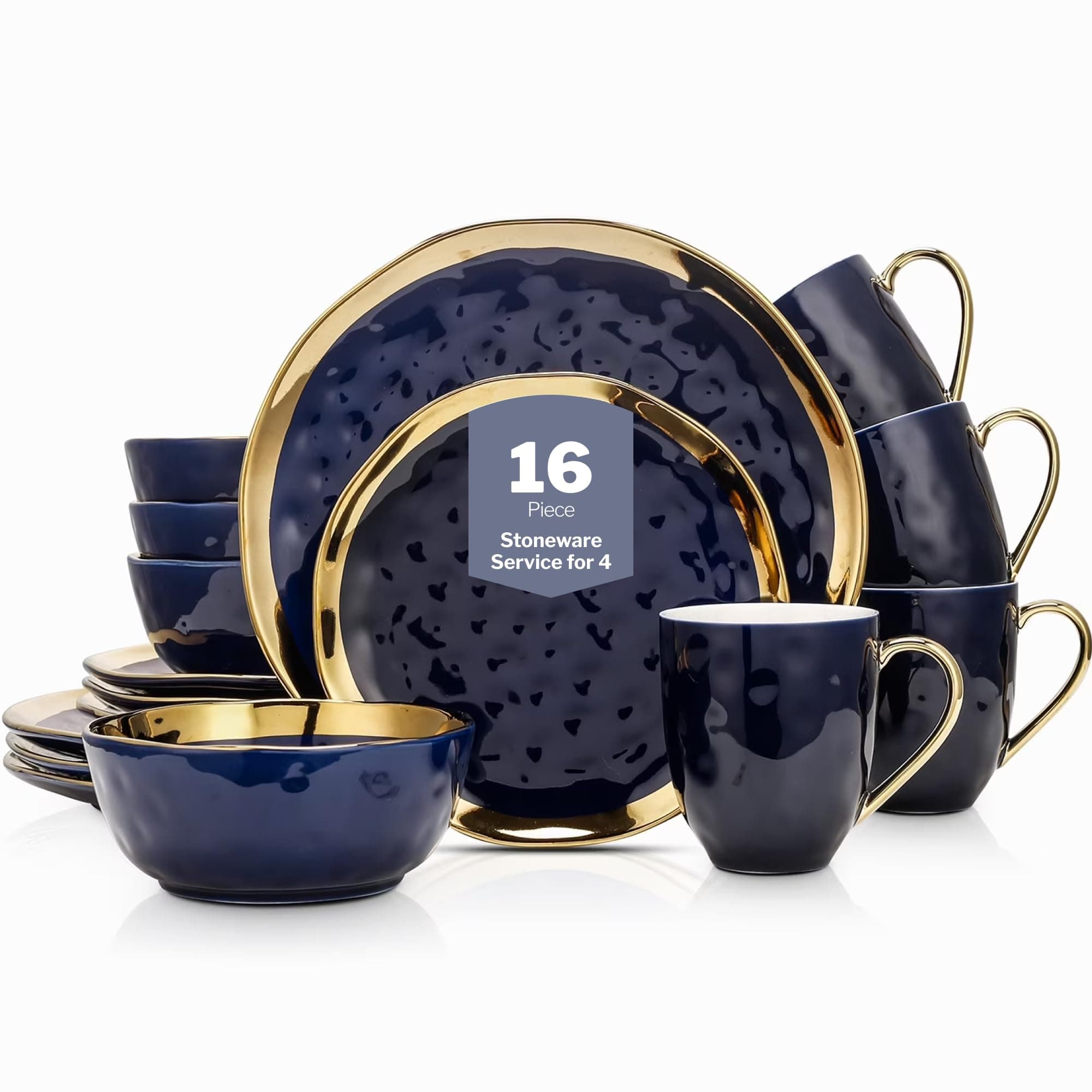 Stone Lain Porcelain 16 Piece Dinnerware Set, Service for 4, Blue and Golden Rim, Dark Blue