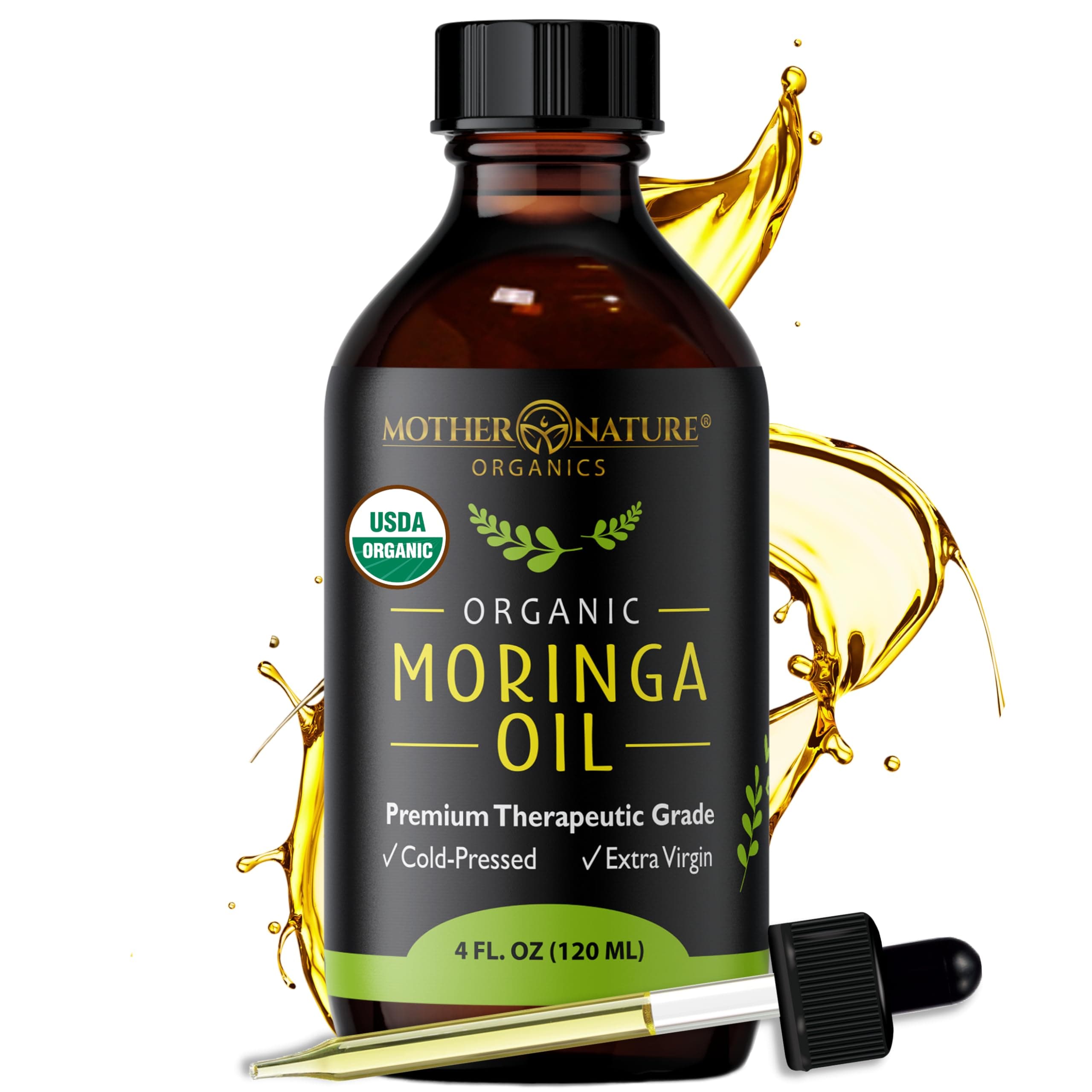 (120ml) - USDA Organic Moringa Oil -, Cold-Pressed, Unrefined, non-GMO - 120ml Glass Bottle with Dropper - For Face, Body, and Hair - Food Grade for Oral Consumption