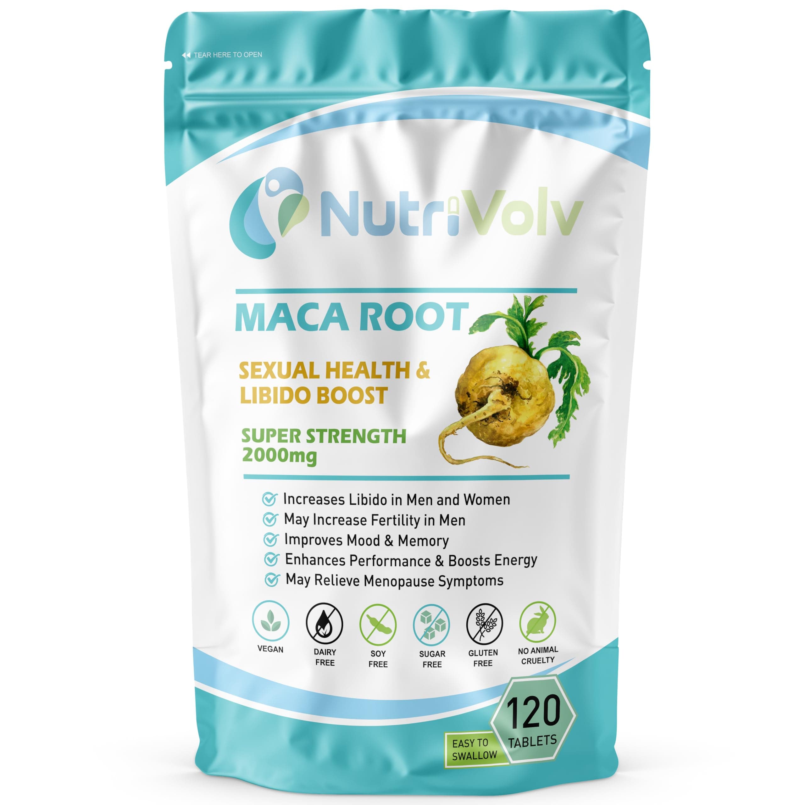 NutriVolv Maca Root Supplement 2000mg | 120 Vegan Tablets | High Strength Energy, Stamina & Endurance Support | Fertility & Hormone Balance for Men & Women | Libido & Vitality Booster | UK Made
