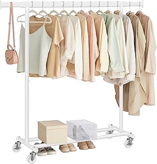 SONGMICS Clothes Rack on Wheels, Heavy Duty Clothes Rail, 45 x (92-132) x 161.5 cm, with Extendable Hanging Rail, 100 kg Load Capacity, Easy Assembly, Portable, White HSR013W01