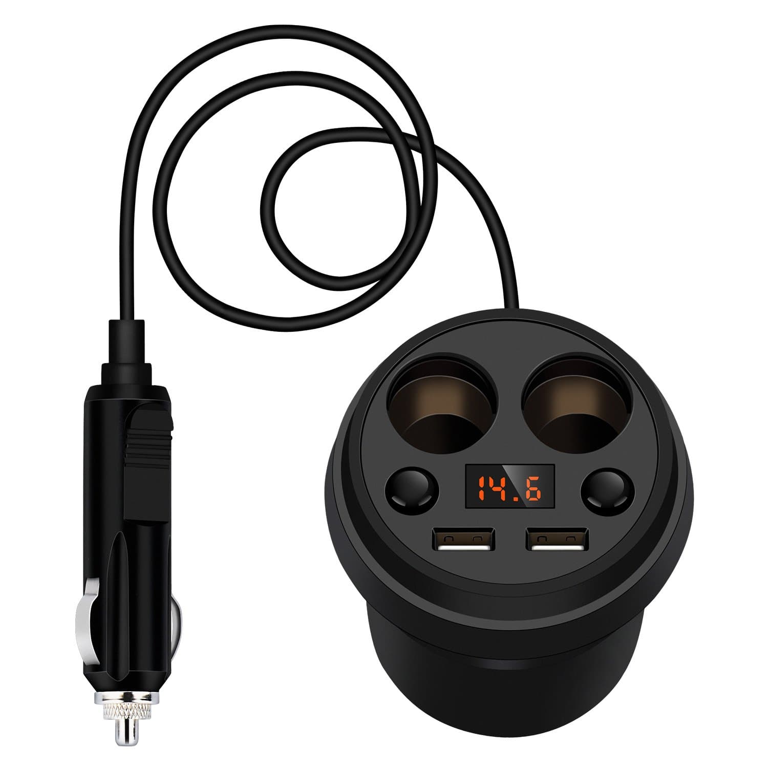 Car Cup Charger, BSAMZ 2 USB 12 Volt Car Adapter with LED Display 2 Sockets Cigarette Lighter Splitter Car Charger for iPhone Samsung HTC and Most Smart Phones - Black