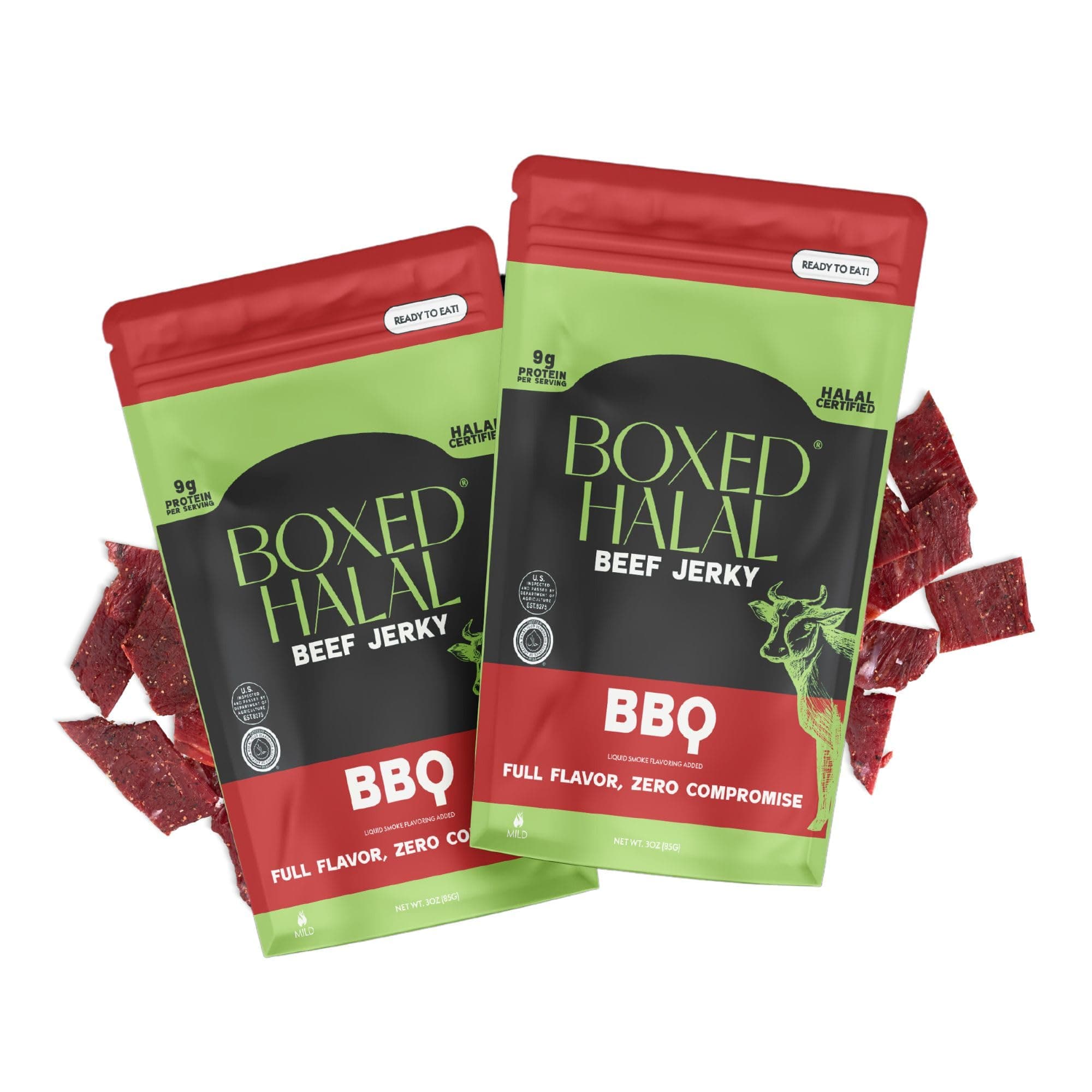 Premium 100% Grass-Fed BBQ Beef Jerky Strips, 13g Protein, HFSAA Certified Halal, Keto Friendly Snack, 3 Oz. Bags (2 Pack)