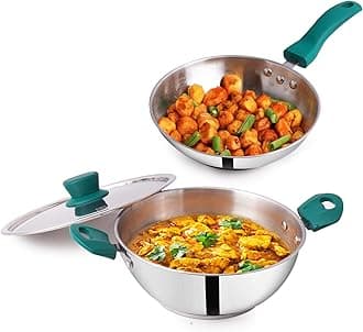 Stainless Steel Cookware Set 3-Layer Thick Bottom - Set of 3Pcs | Fry Pan (22.8 Cm/1.5L)+ Kadai with Lid (22.6 Cm/2.1L) | Kitchen Cooking Combo Pots & Pans, Naturally Nonstick, Silver