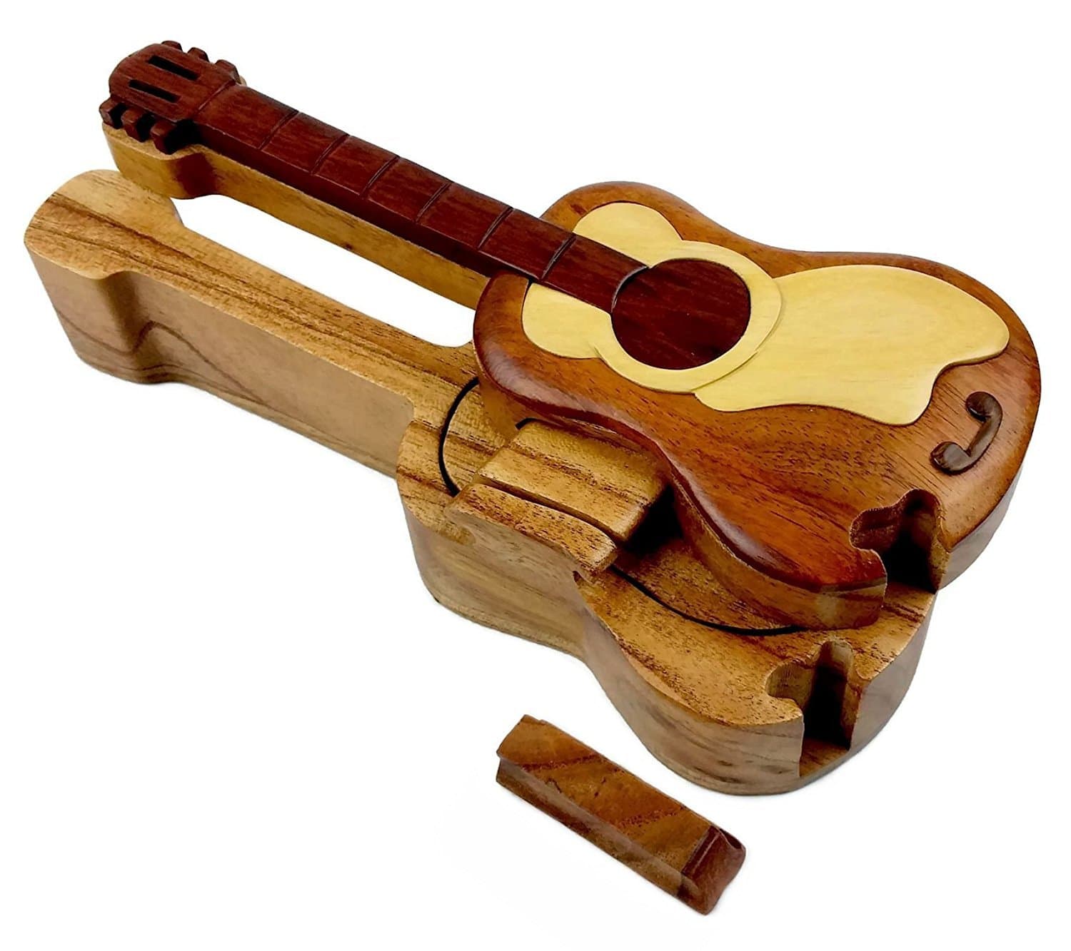 Guitar All Natural Exotic Woods Puzzle Box, 8" X 3" X 2" with Sliding Wooden Key Lock, Sliding Cover and Inner Lid to Hidden Compartment. Hand-Made Wood Onlay Design on Lid.