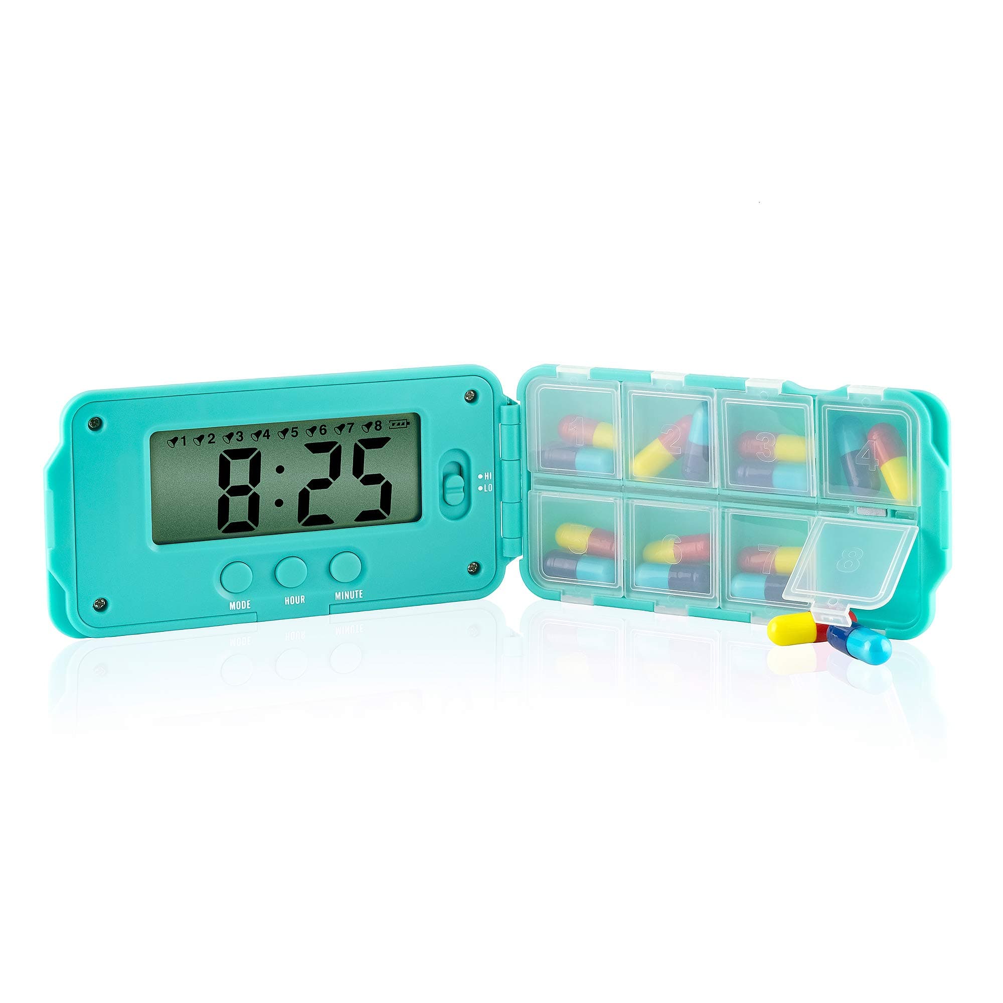 Super 8 Electronic Pill Dispenser Medication Alarm - 8 Audio Visual Reminders - 2 Volume Settings - 8 Dispensers for 6 Caps Each - Designed for Parkinson’s - Pill Box with Alarm