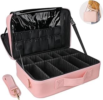 Cosmetic Bags 3 Layer Cosmetic Organizer Makeup Case Beauty Artist Storage Brush Box with Shoulder Strap (Large, PU Leather pink)