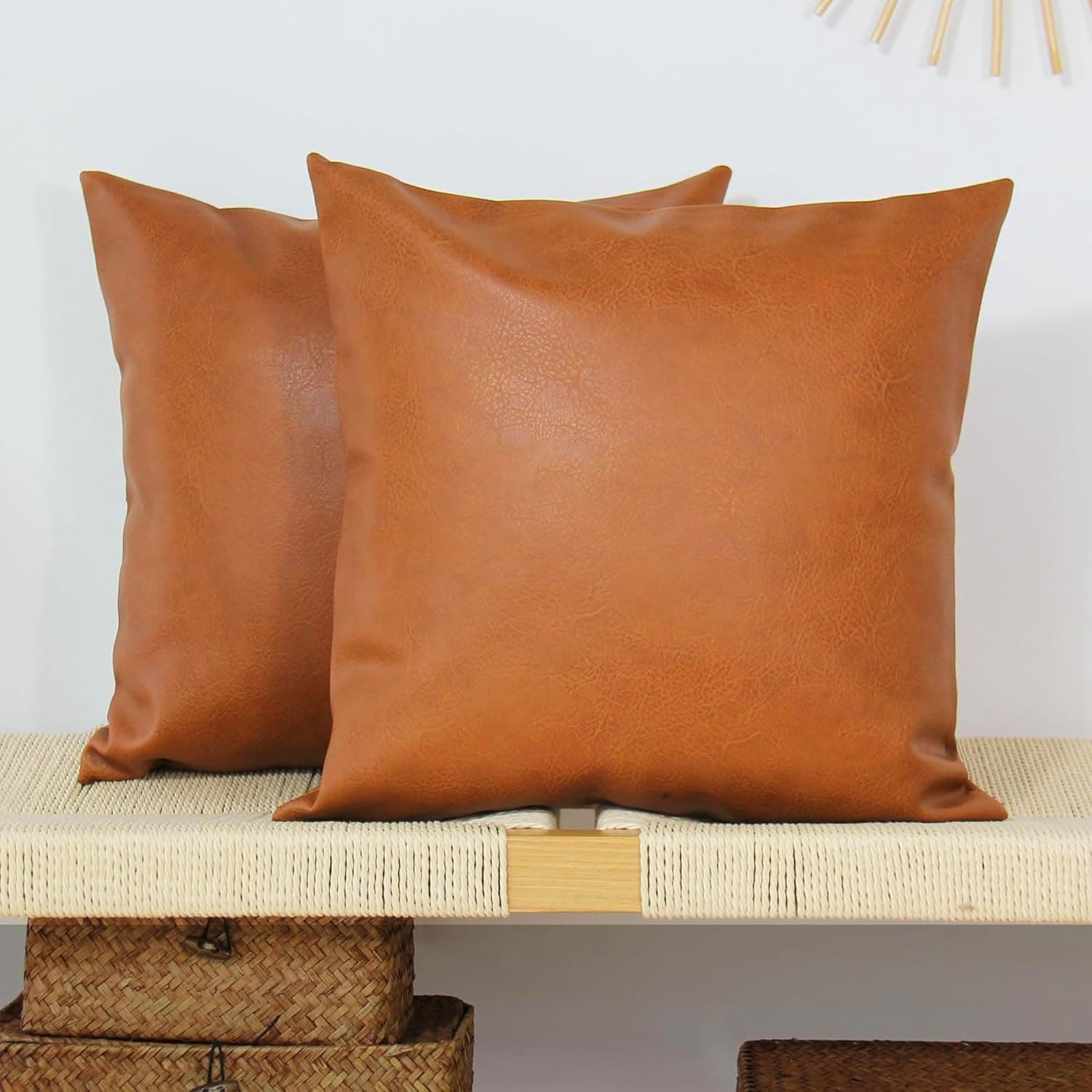 JOJUSIS Modern Leather Throw Pillow Covers for Couch Sofa Bed Set of 2 18 x 18 Inch 100% Faux Leather