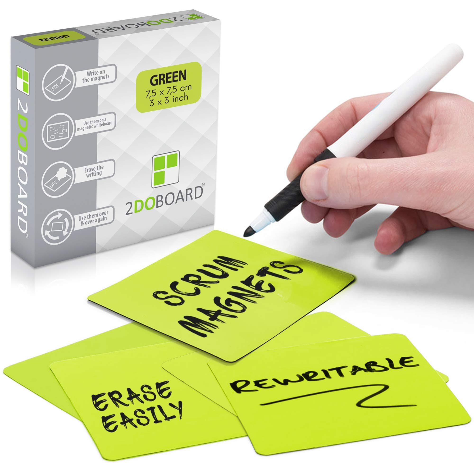 2DOBOARD Writeable Magnets - 7.5 x 7.5 cm Green - Pack of 25 - Kanban Magnets, Scrum Magnetic Cards or Magnetic Strips Writeable for Whiteboard and Fridge (Green)