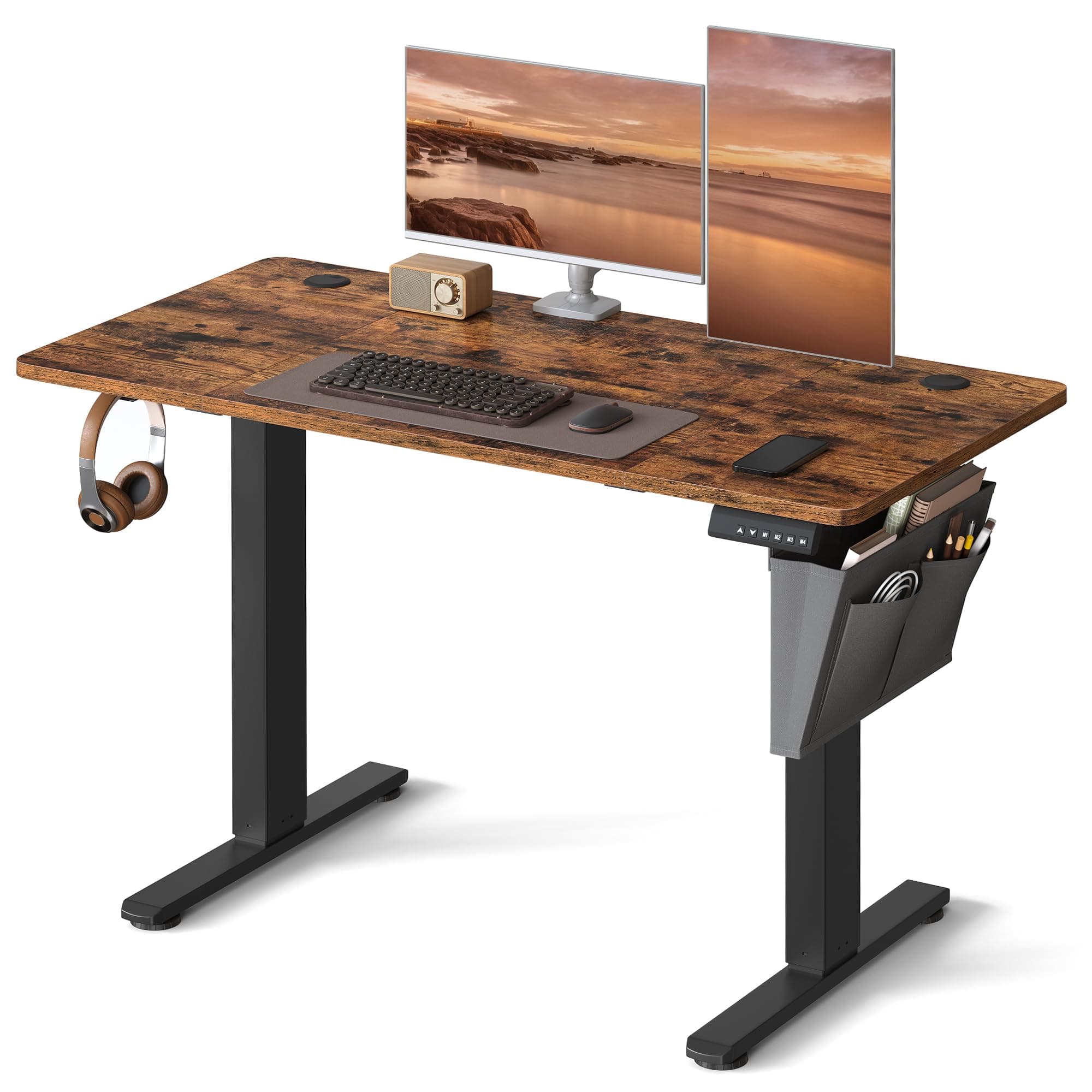 Electric Standing Desk, Height Adjustable Desk, 60 x 120 x (72-120) cm, 4 Memory Heights, Storage Pocket, for Home Office, Study, Rustic Brown and Ink Black LSD132K02