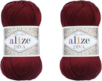 Diva Microfiber Acrylic Yarn - Silk Effect Thread for Crochet & Lace Craft - 2 Skeins, 200gr, 767 yds (Bordeaux)