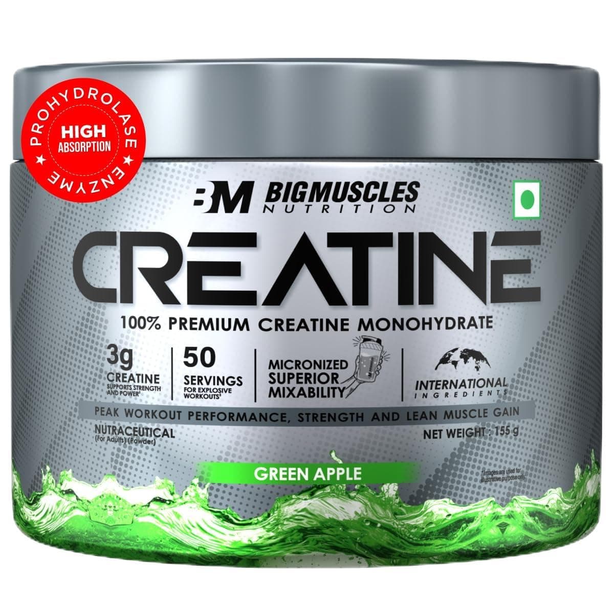 Bigmuscles Nutrition Creatine [155g, 50 Servings]|Green Apple | Micronized Creatine Monohydrate To Support Lean Muscle Repair & Recovery|Increase Strength&Athletic Performance,Powder, 1 count