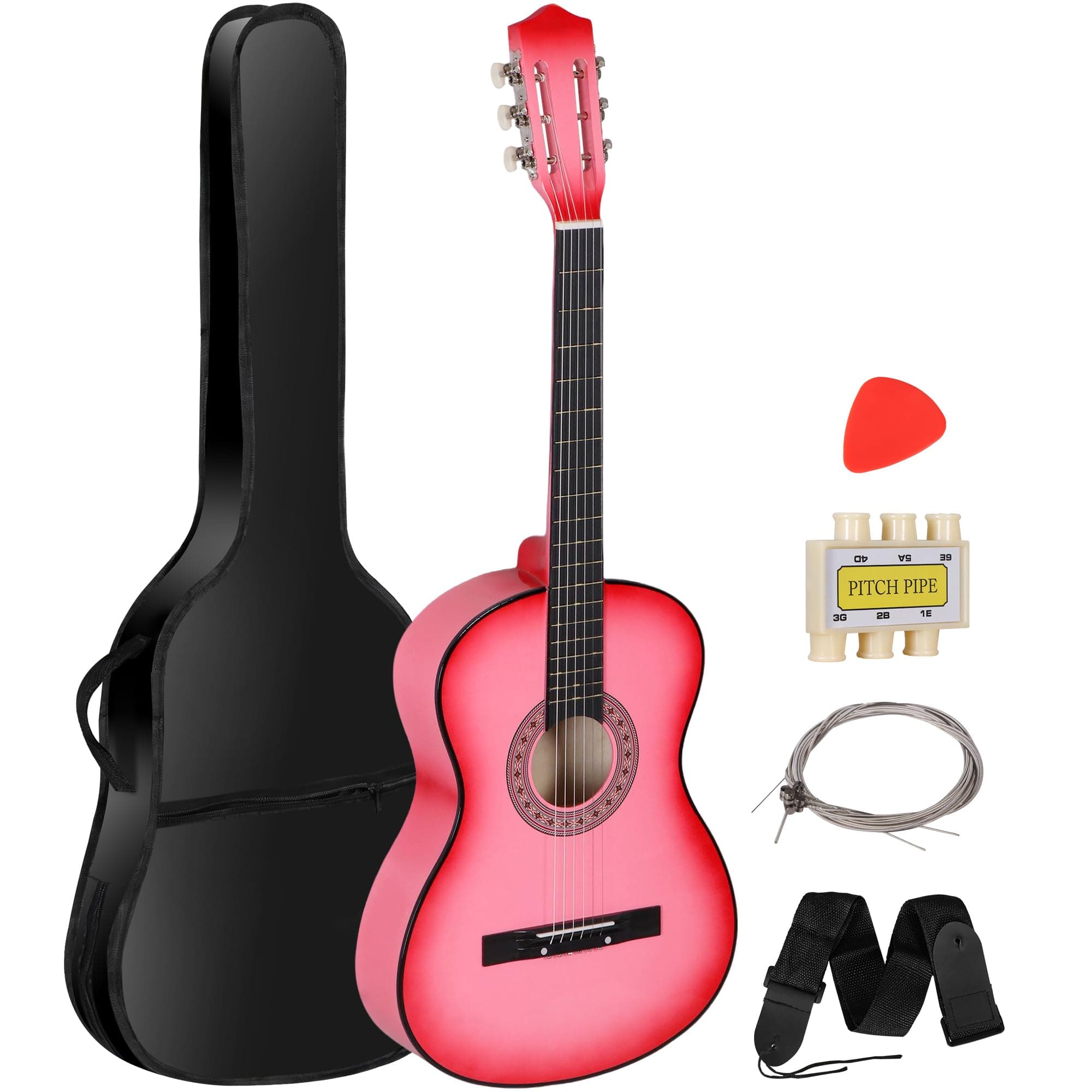 Smartxchoices 38" Kids Acoustic Guitar Bundle Kit for Starter Beginner Music Lovers, 6-String Folk Guitar with Gig Bag, Extra Set Steel Strings, Strap, Pitch Pipe and Pick, Pink
