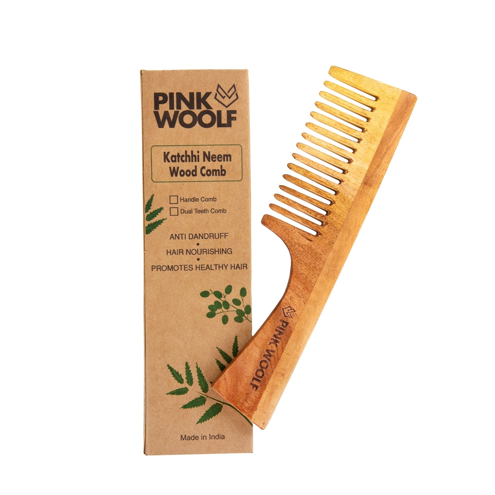 Pink Woolf Neem Wood Comb with Handle | Wide Teeth for Easy Detangling | Reduces Frizz & Enhances Hair Shine | Style Curly Hair | Natural, Eco-Friendly | Pack Of 1