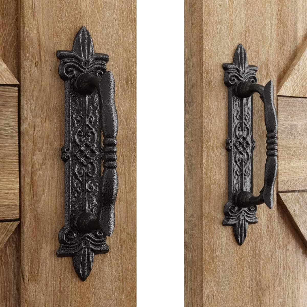 SMARTSTANDARD Heavy Duty 9" Antique Barn Door Handle Set of 2, Large Rustic Carved Door Pull, for Gates Garages Sheds, Black Powder Coated Finish