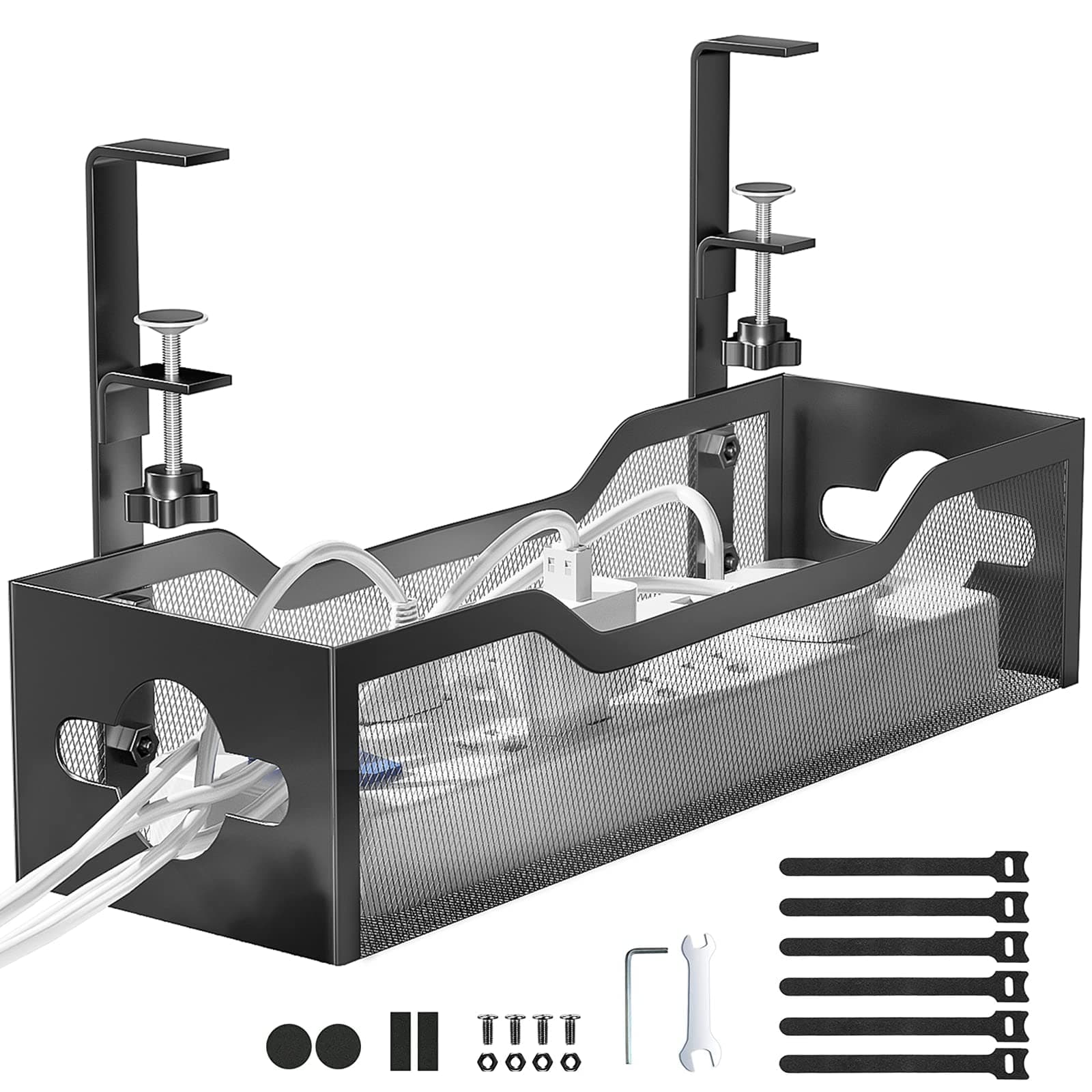 Under Desk Cable Management Tray No Drill, Metal Mesh Cable Management Under Desk with Clamp Mount, 2 Hole Cable Tray with Wire Management and Cord Organizer for Home Office Standing Desk
