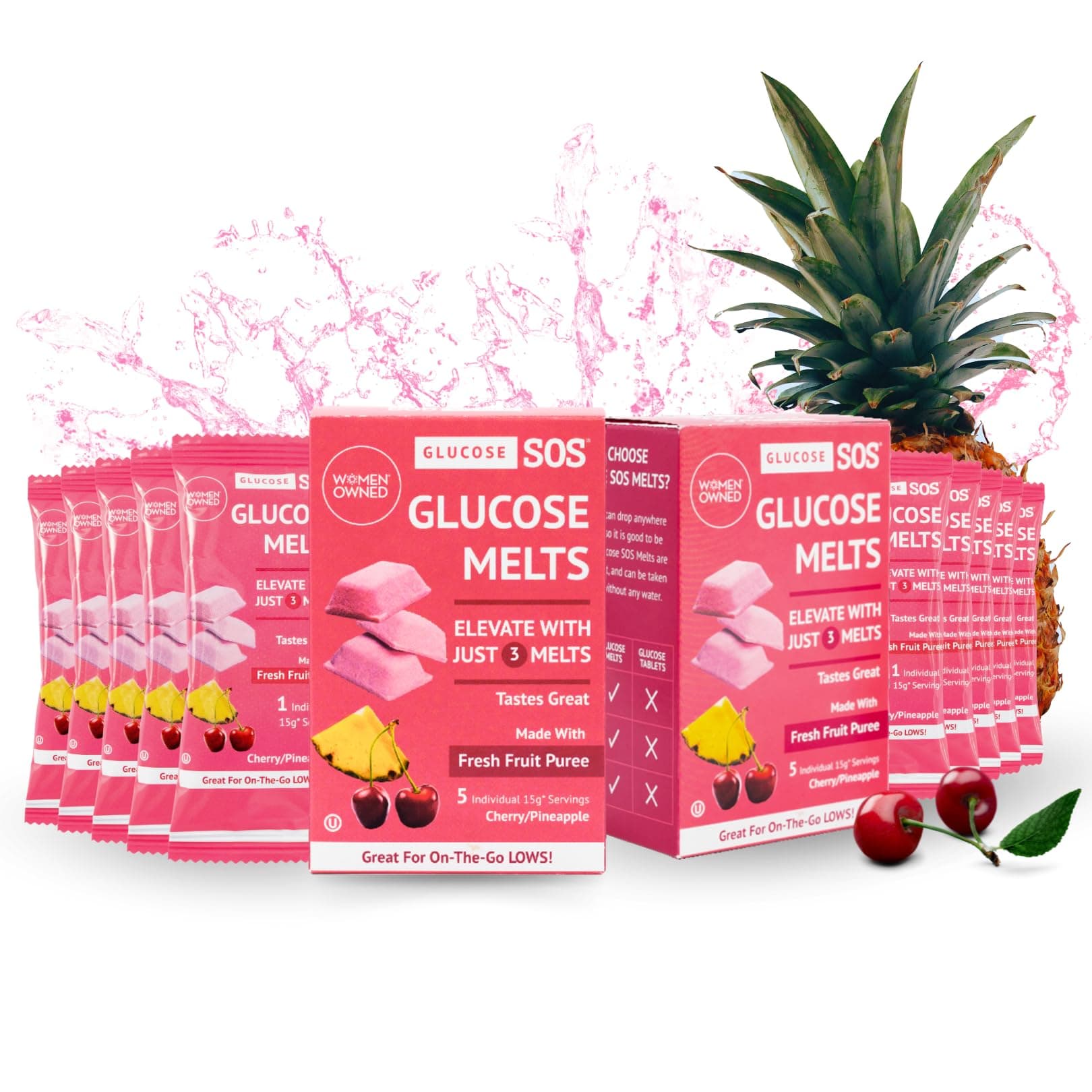 Glucose SOS Melts Made with Dextrose Powder Natural Fruit Puree Sugar, Like Glucose Tabs, Fast Acting Tablets That Melt with 10 Individual 15g Servings of Cherry/Pineapple