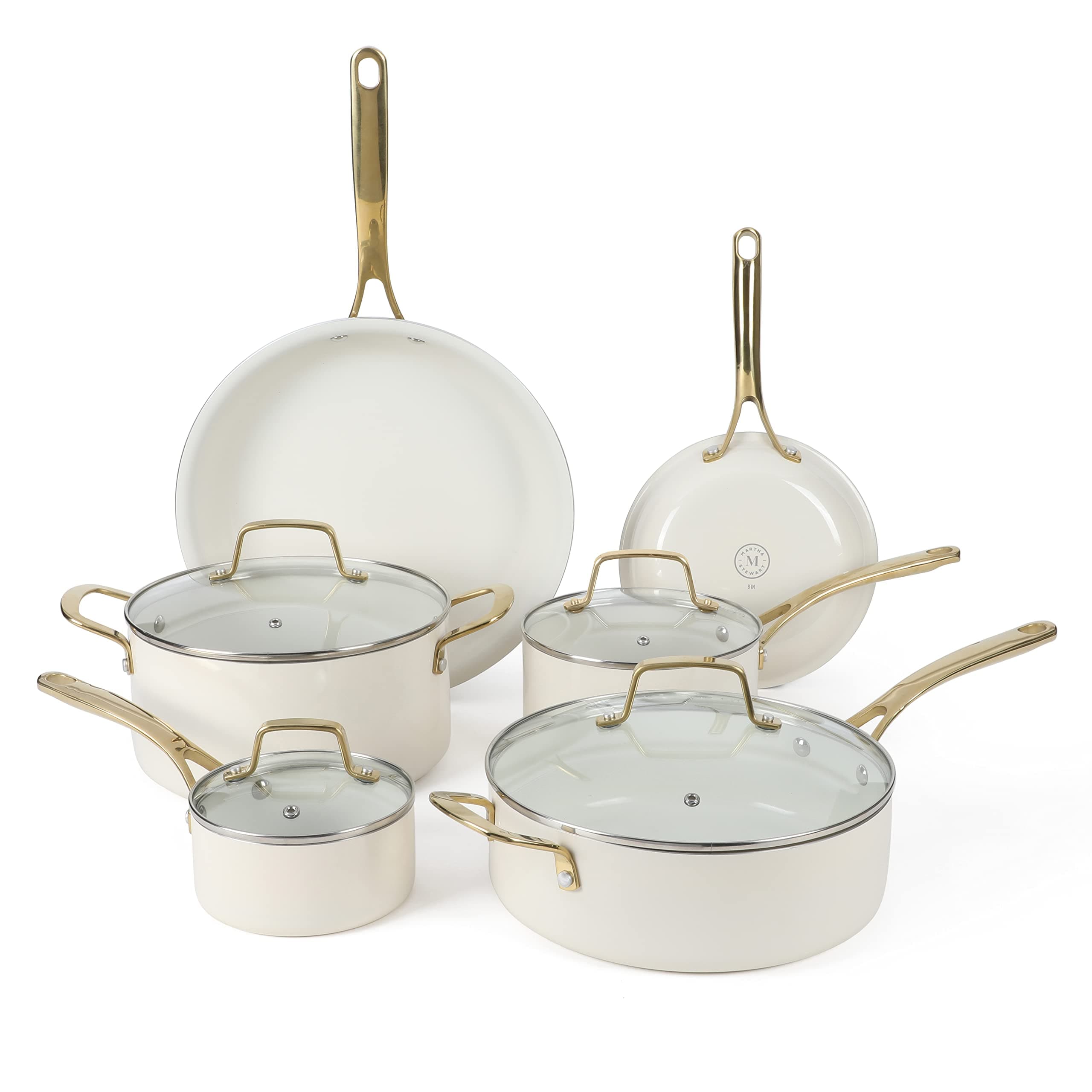 Martha Stewart Lockton Premium Non stick Non Toxic PFA Free Ceramic Interior 10 Piece Heavy Gauge Enamel Aluminum Pots and Pans Cookware Set - Linen White w/Gold Handle