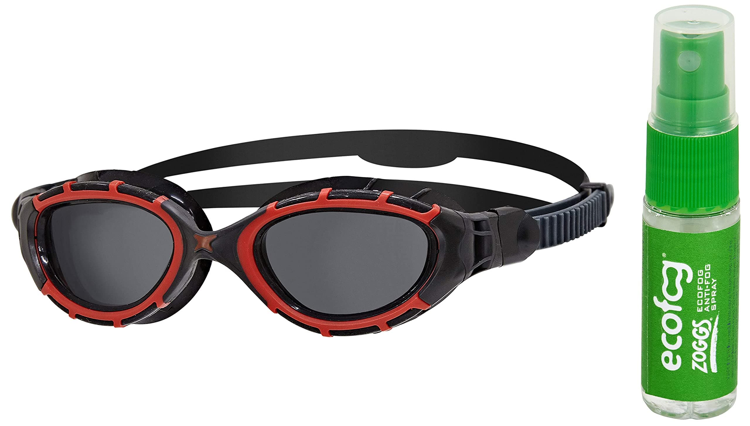 Zoggs Predator Flex Goggle, UV Protection Swim Goggles,Red/Black/Smoke Polarized, regular and Ecofog Lens Cleaner & Anti-fog Spray for Swimming Goggles,Green/Clear, 15ml
