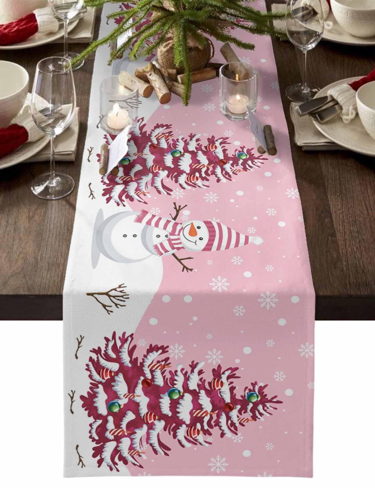 Christmas Table Runner - Cotton Linen 72 Inches, Snowman Rustic Pink Snowflake Bed Runner Dress Scarves, Farm Xmas Tablerunner for Dining/Holiday/Coffee Table 13" x 72"