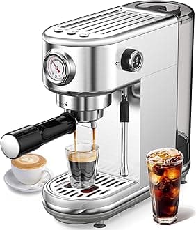 atatix Espresso Machine with Milk Frother, 20 Bar Pressure Espresso Maker, with 44OZ Removable Tank, Compact Stainless Steel Coffee Machine for Home, Office, Latte, Cappuccino, Macchiato, Silver