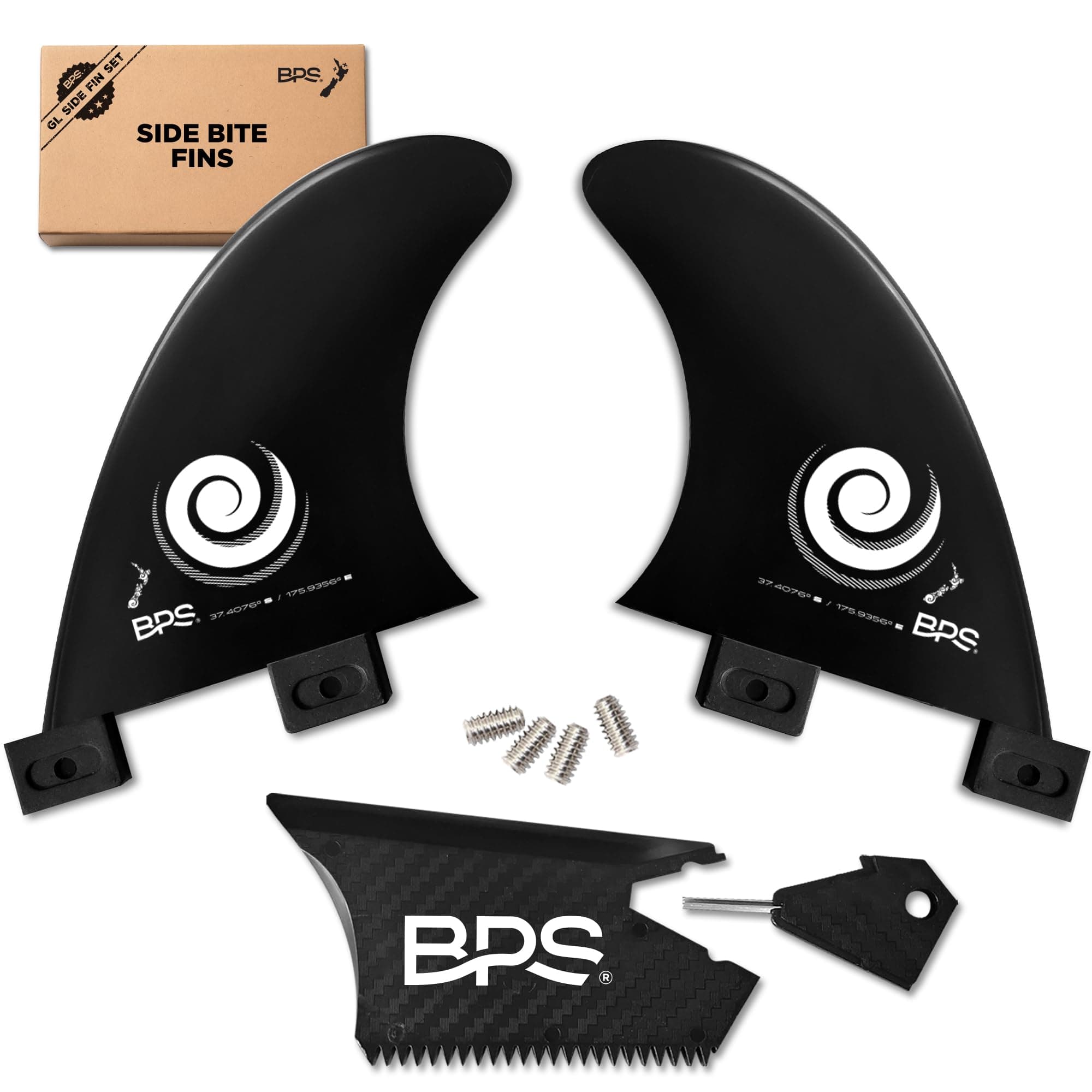 BPS Black Side Bite Fins (2) Glass Flex Surf Fin Set (FCS GL Style) Black with free Wax Comb