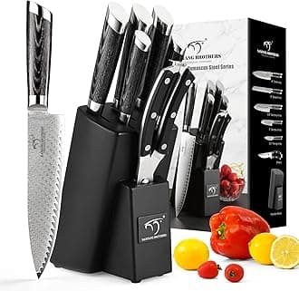 NANFANG BROTHERS Damascus Knife Set, 7 Pieces Kitchen Knife with Block, ABS Ergonomic Handle for Chef Knife Set, Kitchen Shears, Knife Block Set