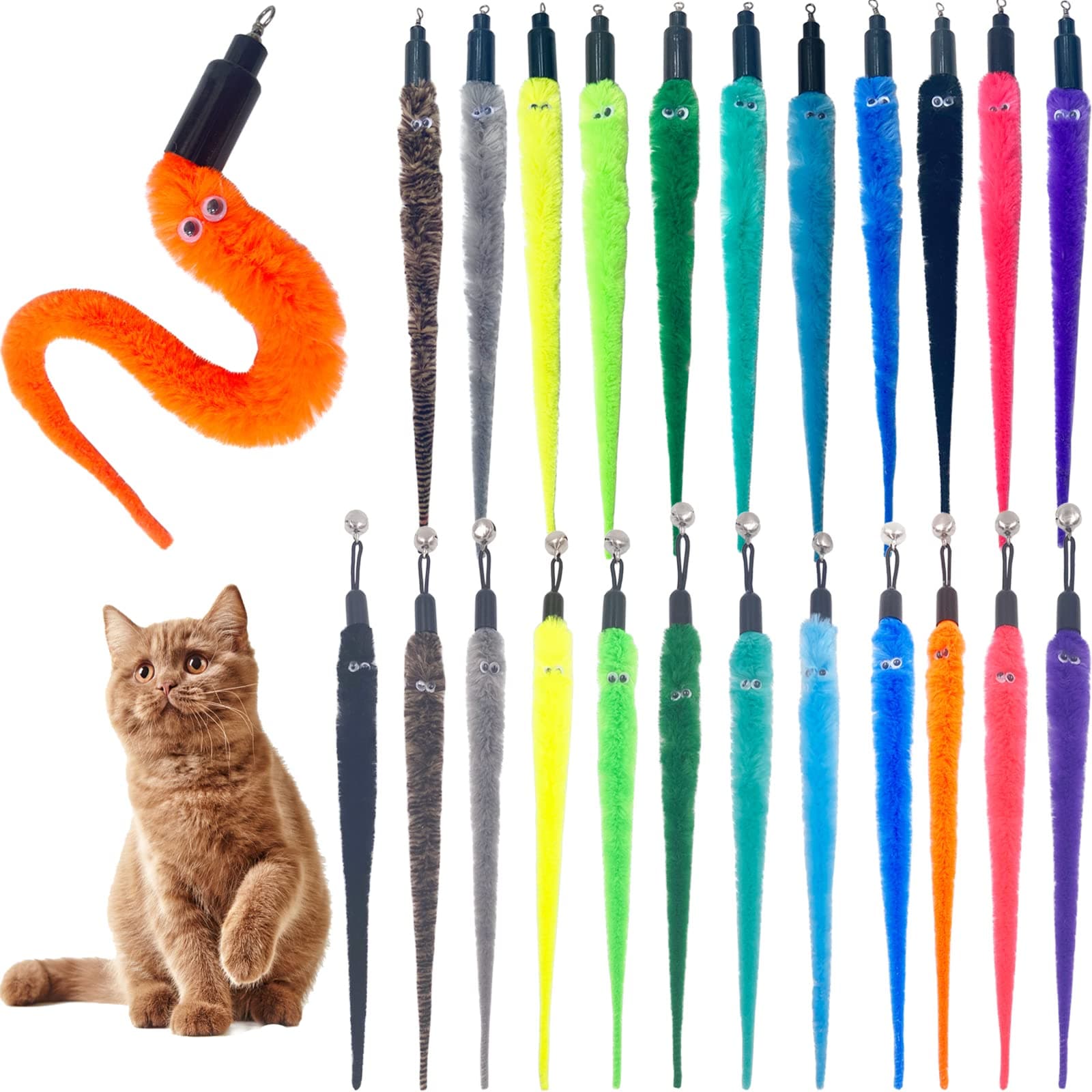 Cat Toy Worm Refills, 24 Pieces Interactive Cat Wand Attachments Worms Toy for Indoor Cats