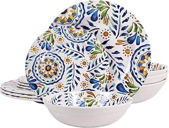 Melamine Dinnerware Sets 12 Pcs Plates and Bowls Sets Lightweight Unbreakable Natural Elements Pattern Dinner Plates Salad Bowls Outdoor Dishes Set for 4 BPA Free Dishwasher Safe (Blue)