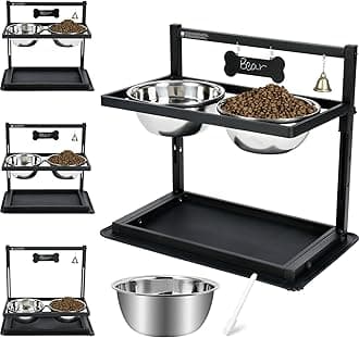 SHAINFUN Elevated/Raised Dog Bowls Stand Adjusable Height with Two 1.7L Stainless Steel Food Bowls and Spill Proof Mat, for Large and Medium Dogs.