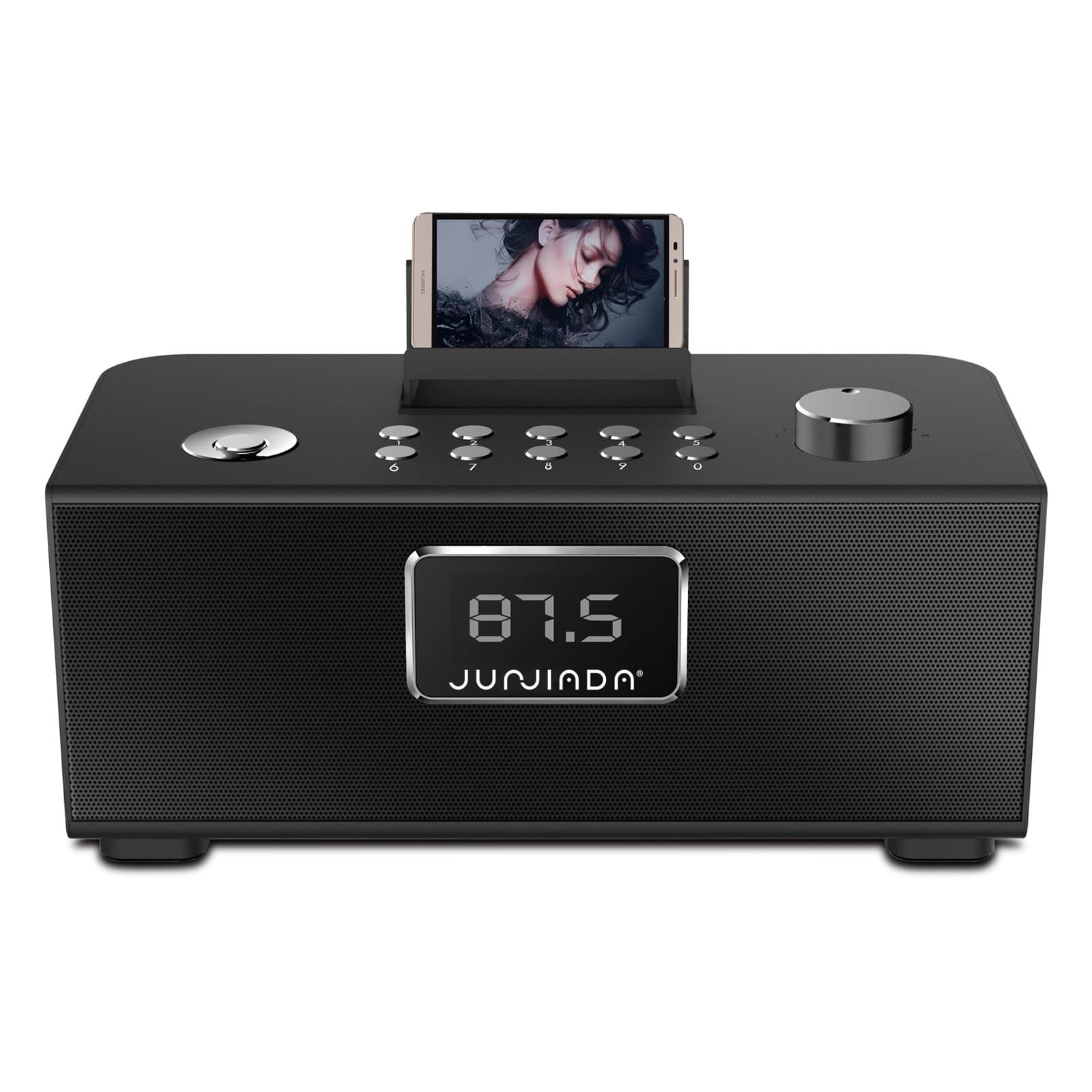 Junjiada Bluetooth Speakers Stereo 20W Speaker (Dual 10W Drivers, Dual Passive Subwoofers, Bluetooth 4.0, Built-in Microphone) Wireless Portable Speaker with Alarm Clock and USB Charging Port