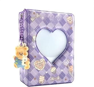 3 Inch Mini Photo Album, Heart Hollow Card Binder Photo Card Holder with Pendant 40 Pockets (purple plaid)