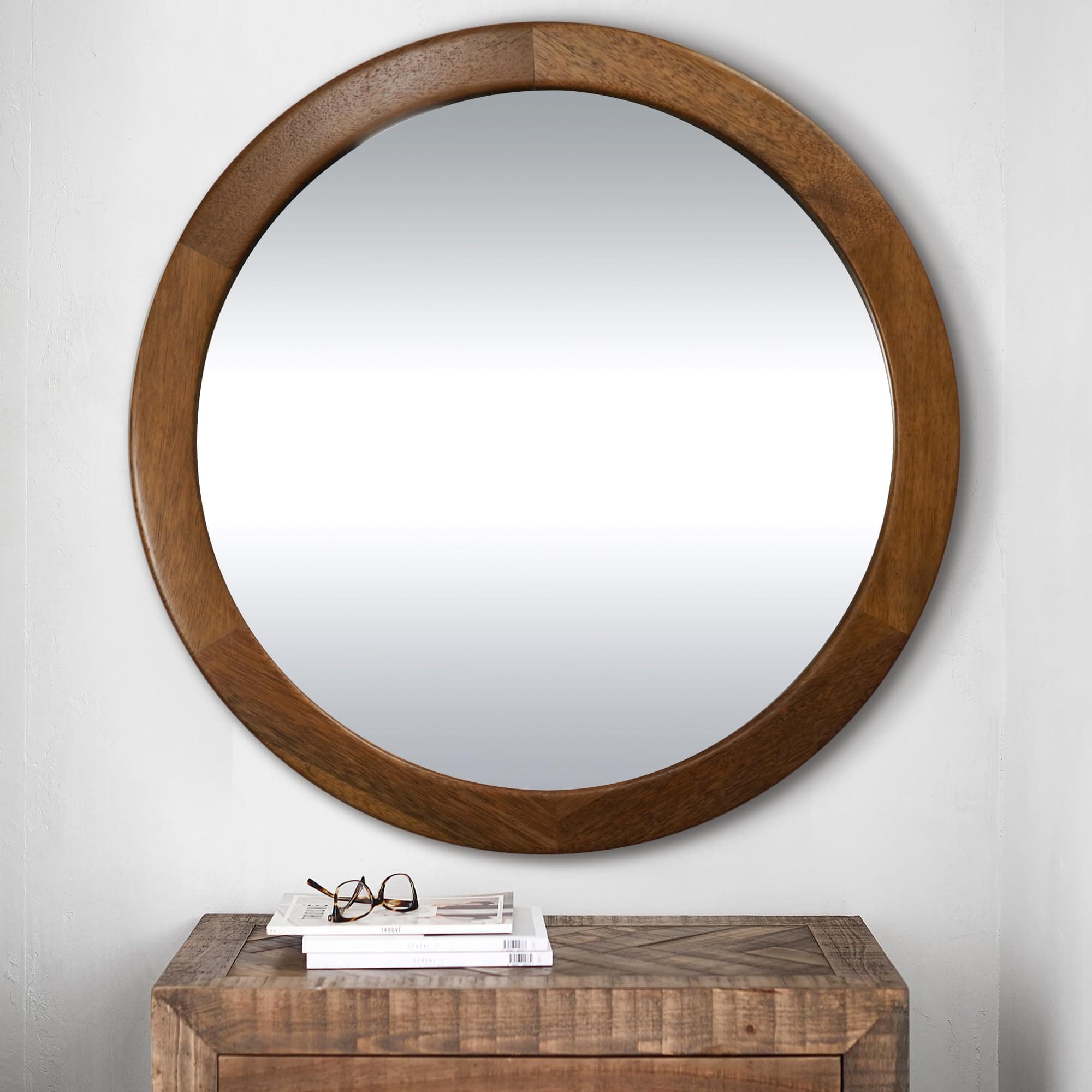 Round Mirror 36 Inch,Wood Rustic Bathroom Tempered Wall Mirror with Walnut Frame,Farmhouse Wooden Vanity Circle Mirrors for Living Room,Entryway or Bedroom(Walnut Brown)